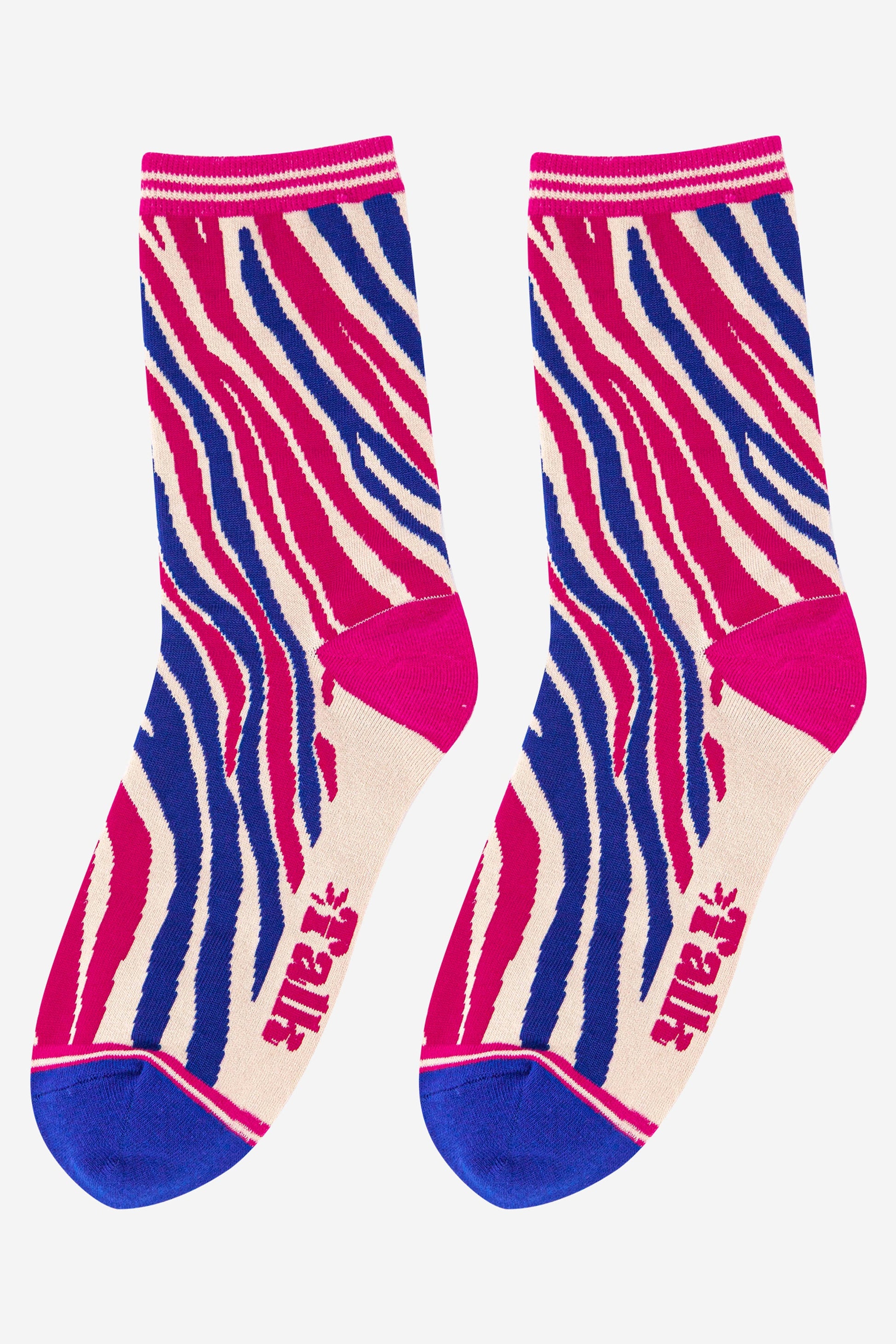 pink and blue zebra ankle socks with an all over zebra animal print pattern
