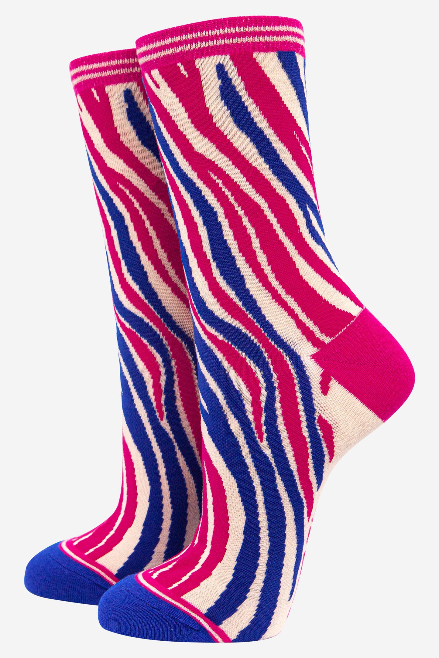 bamboo ankle socks with an all over pink and blue zebra print pattern