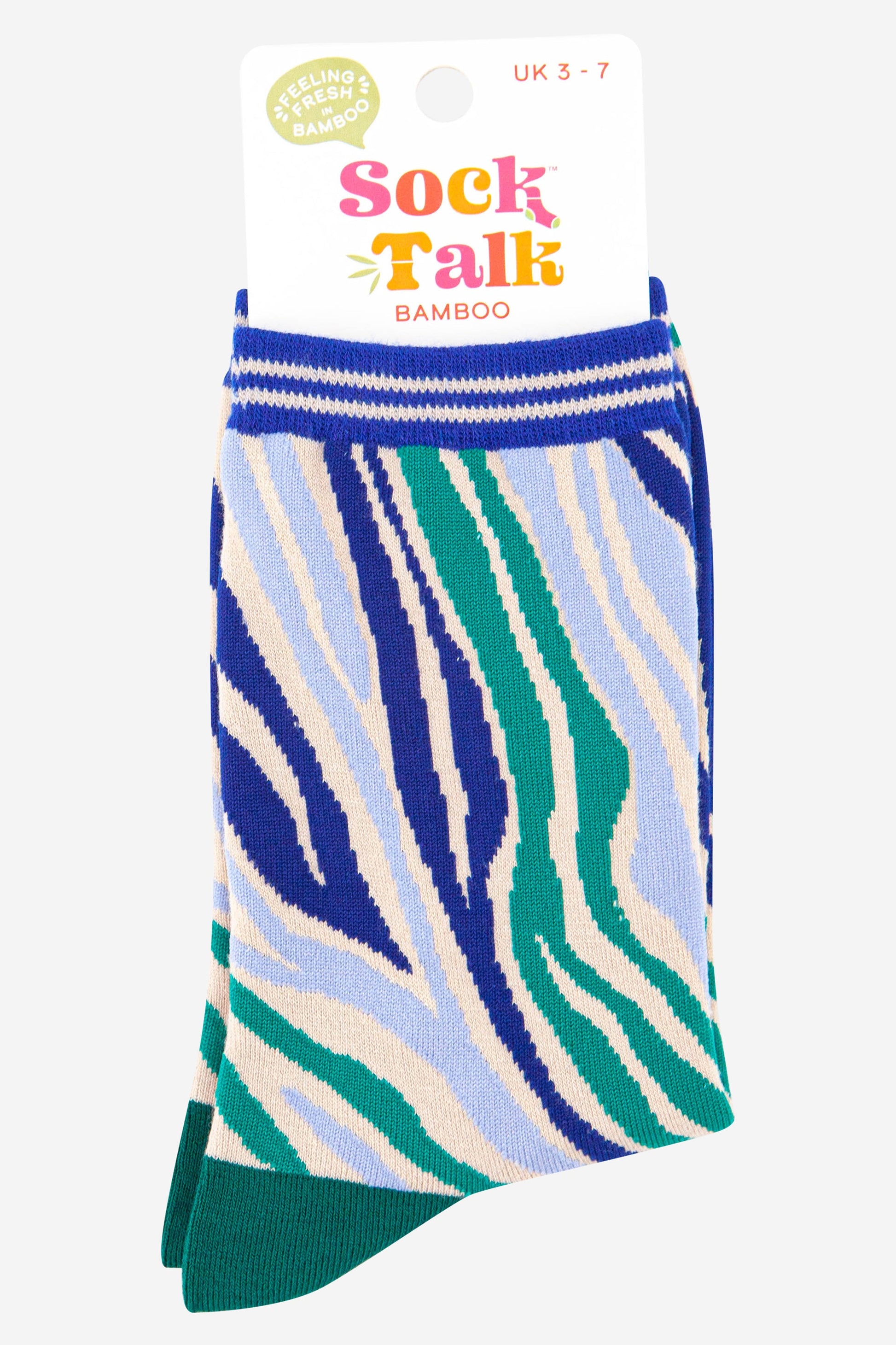 blue and green bamboo socks with an all over zebra print pattern