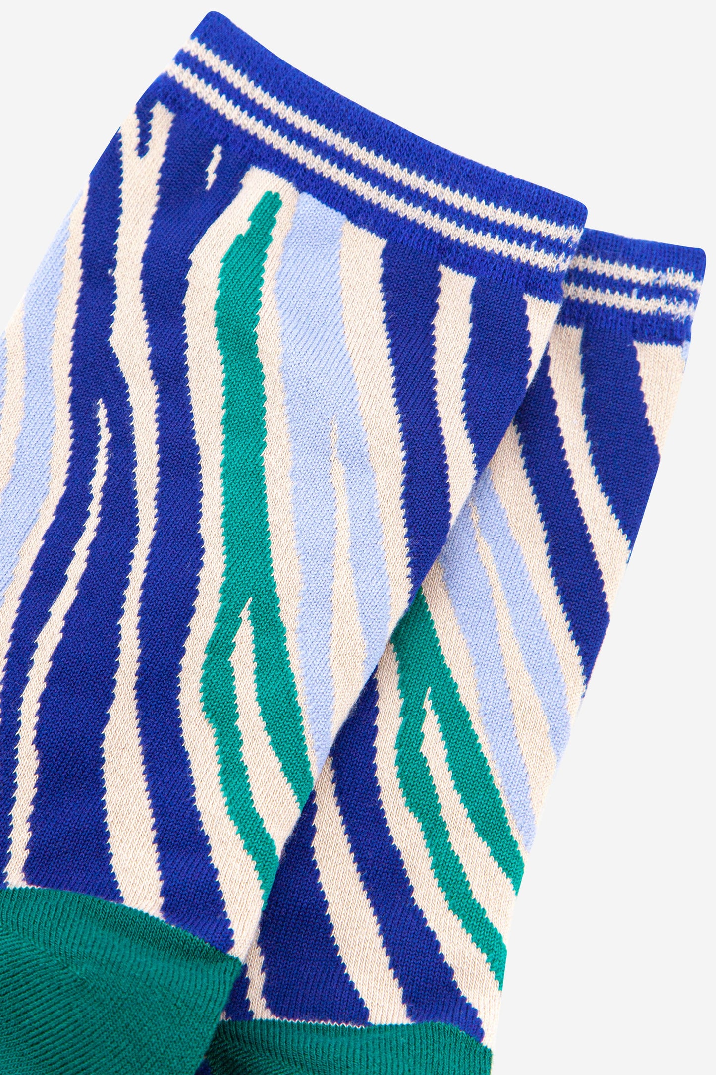 close up of the blue and green zebra print design