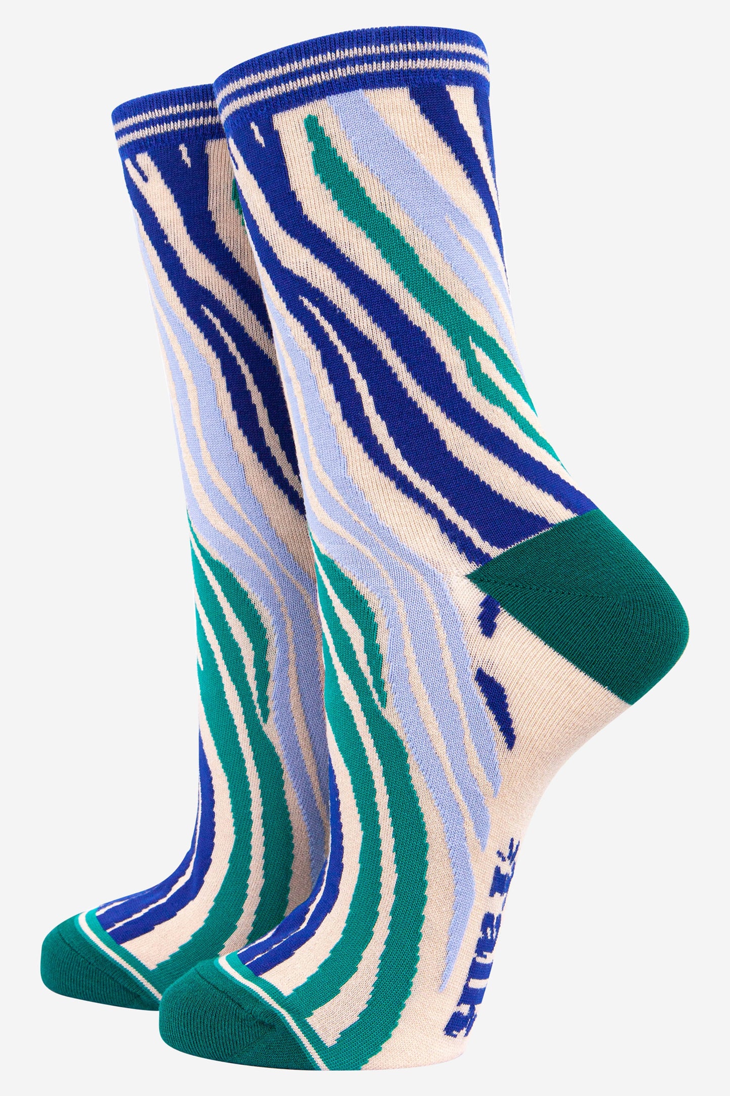 bamboo ankle socks with an all over green and blue zebra print pattern