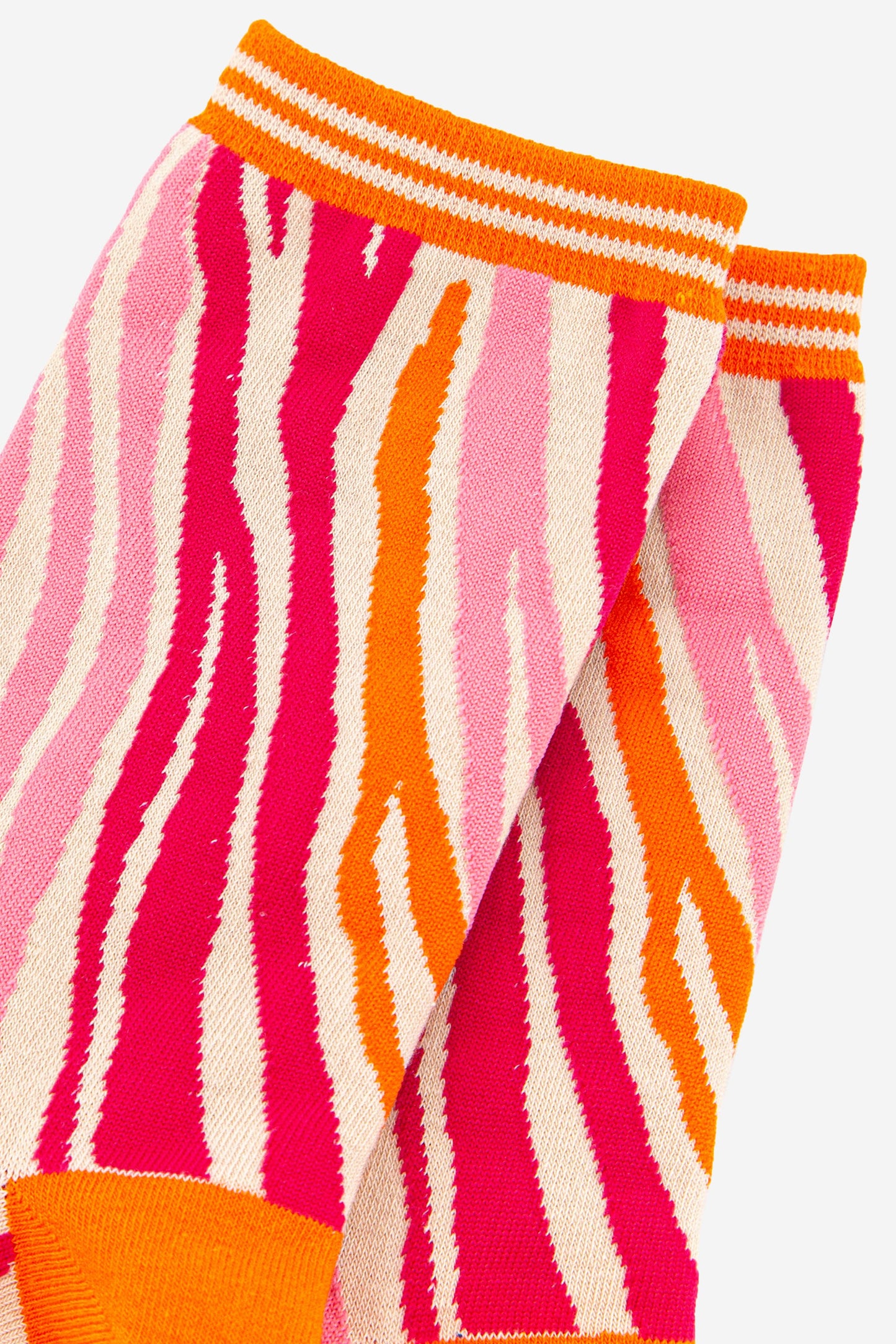 close up of the pink and orange zebra print pattern on the ankle socks