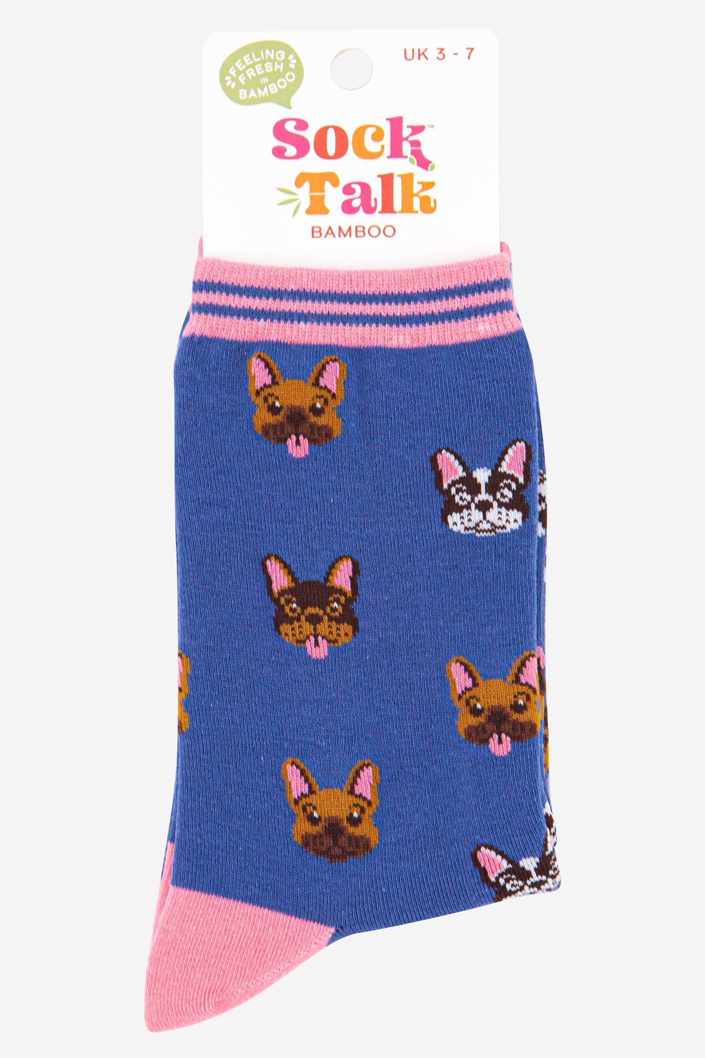 womens french bulldog ankle socks in blue and pink size 3-7