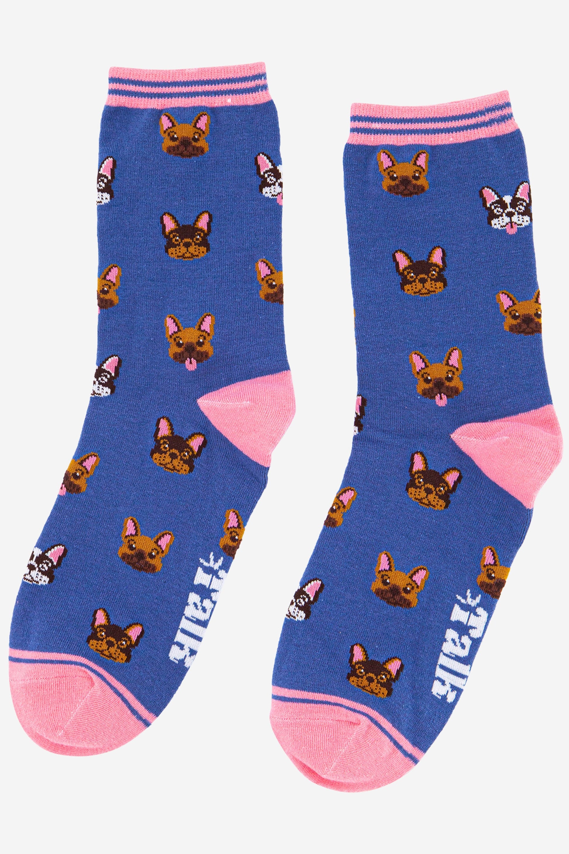 blue and pink bamboo socks with an all over french bulldog pattern and a pink and blue striped cuff