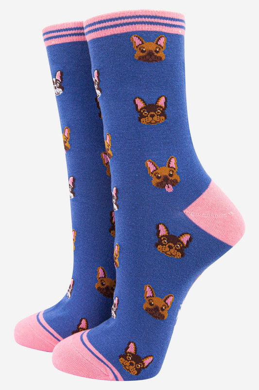 blue and pink bamboo socks with an all over pattern of french bulldog faces in black and brown