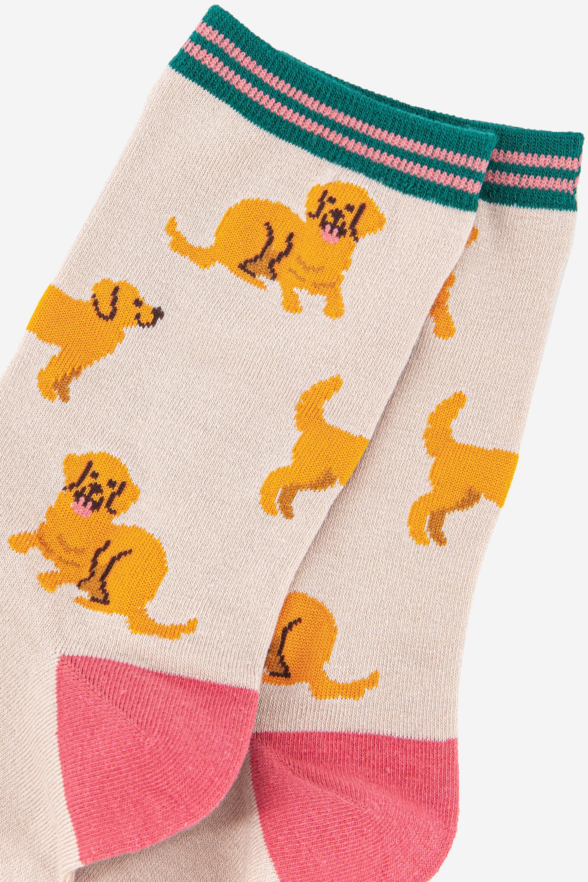 close up of the golden retriever dog pattern on the ankle socks