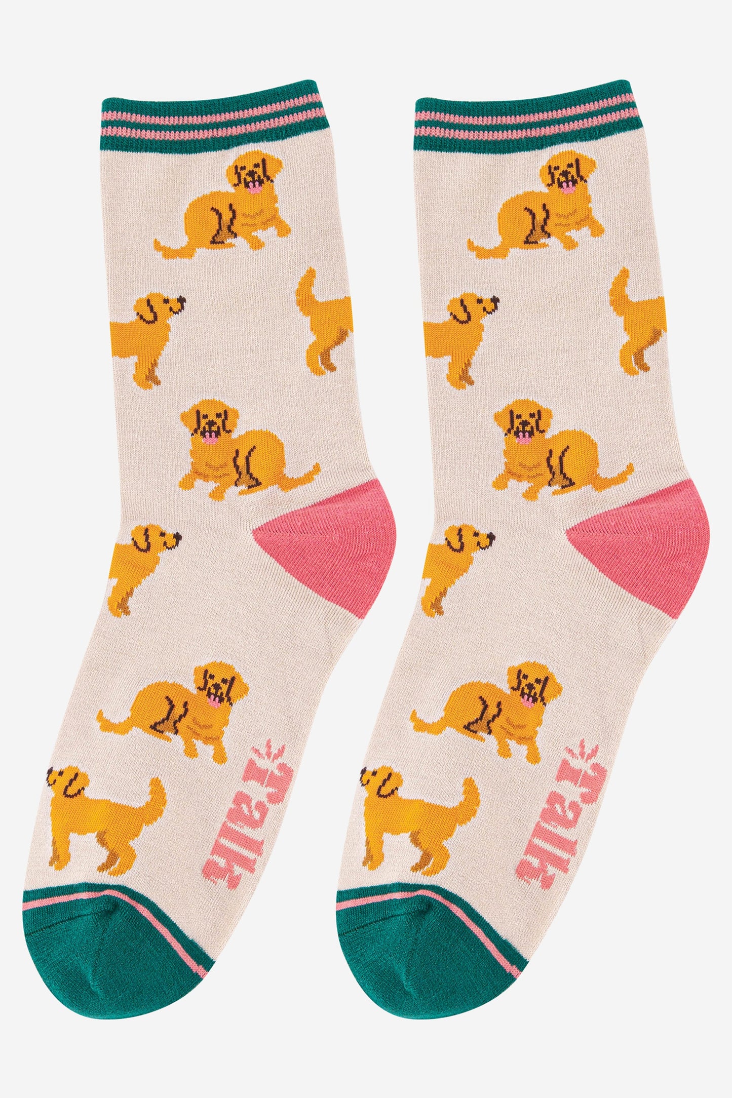 golden retriever pattern ankle socks with a green and pink striped cuff