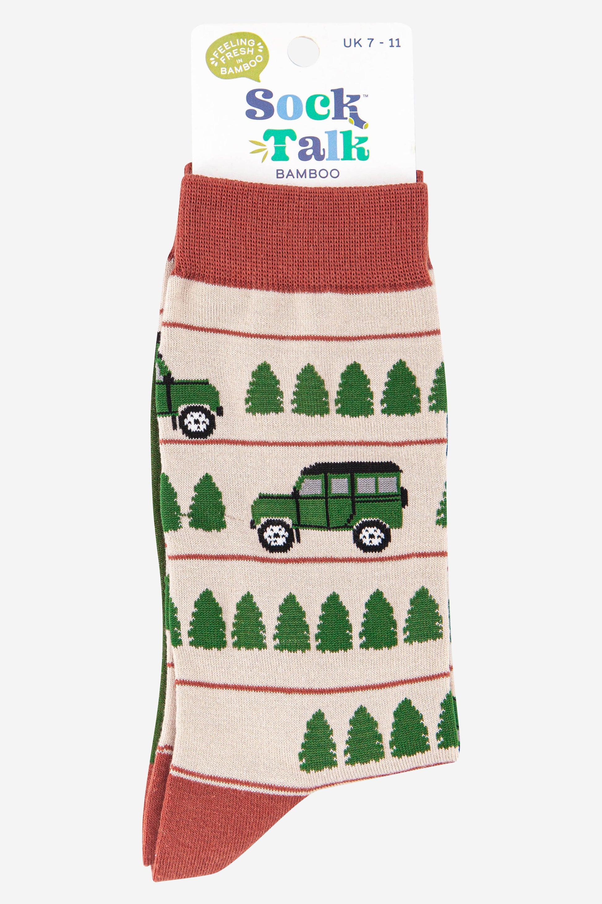 mens cream and green vehicle pattern socks with trees uk size 7-11
