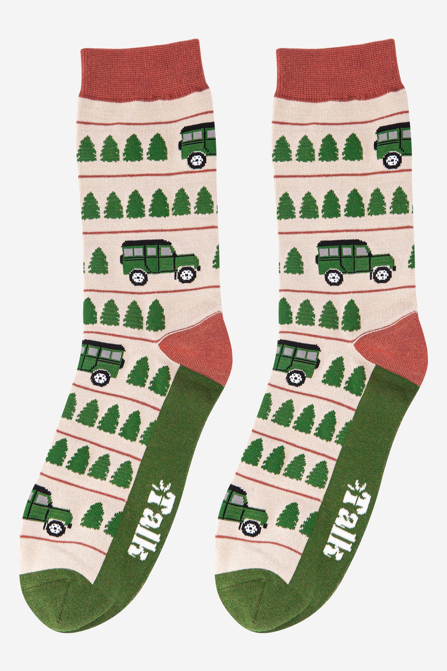 cream, green and orange socks with a pattern of trees and off road vehicles 