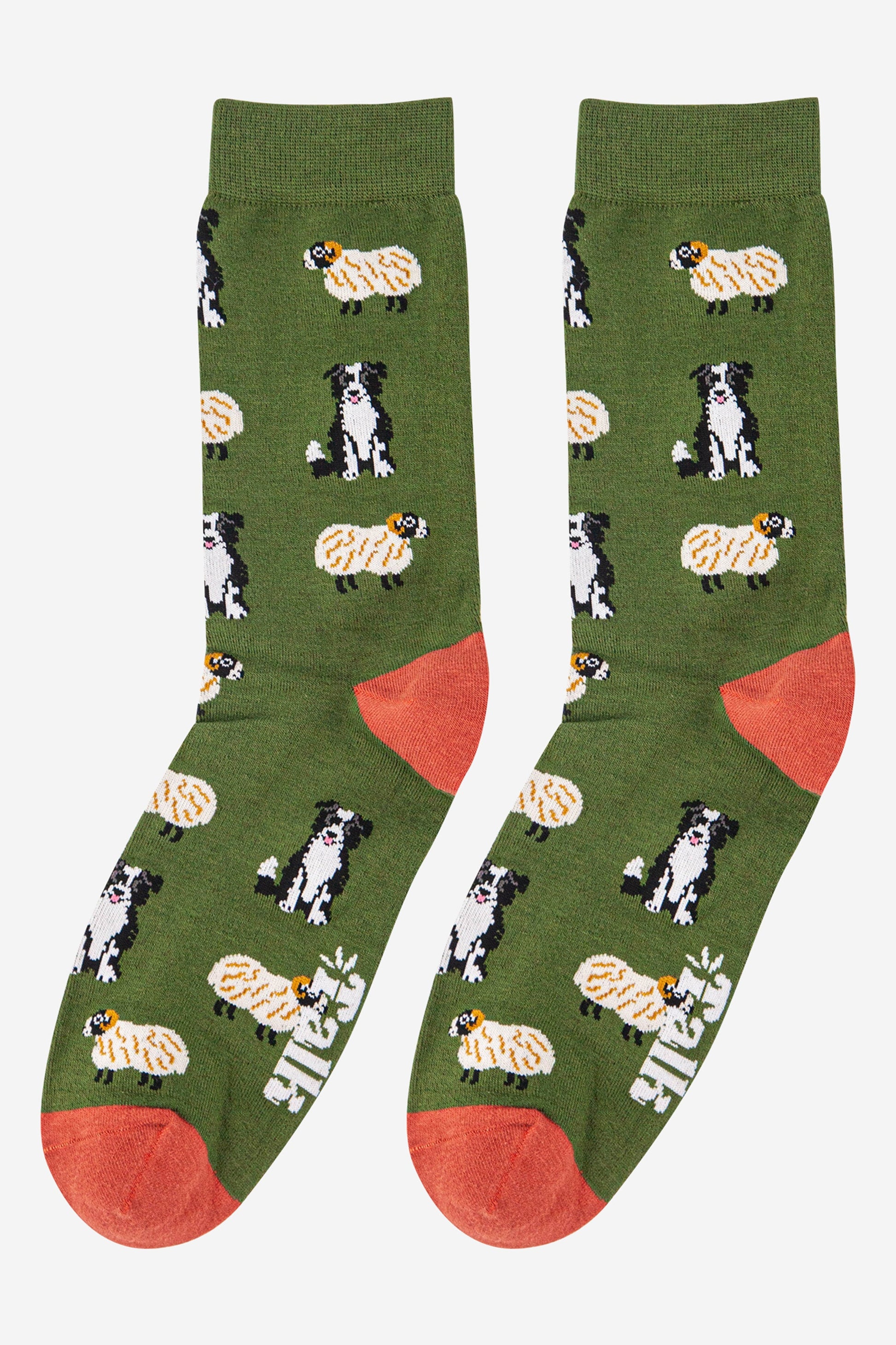 green dress socks with an all over pattern of border collie sheepdogs and sheep