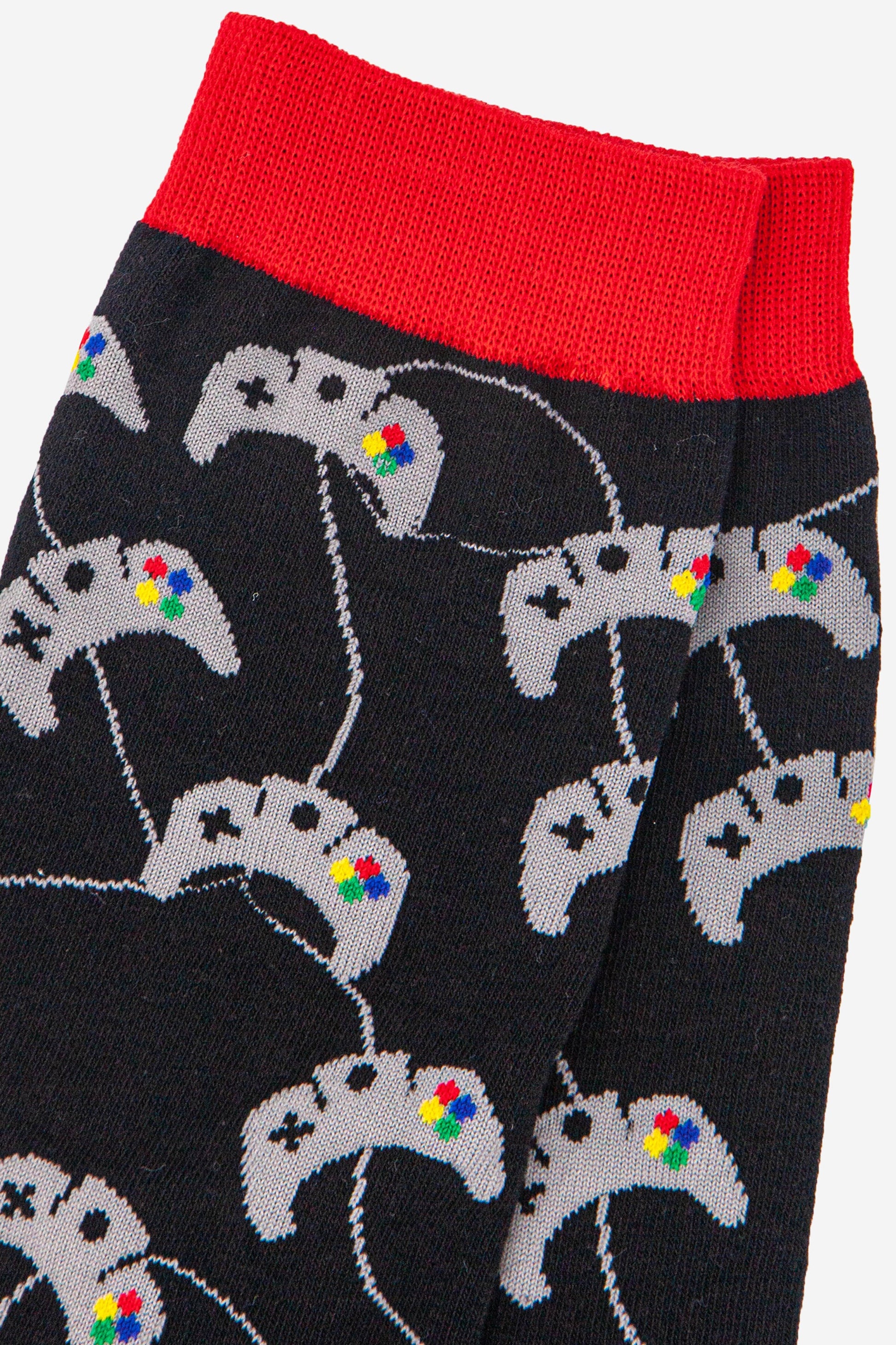 close up of the game console controller pattern on the ankle socks