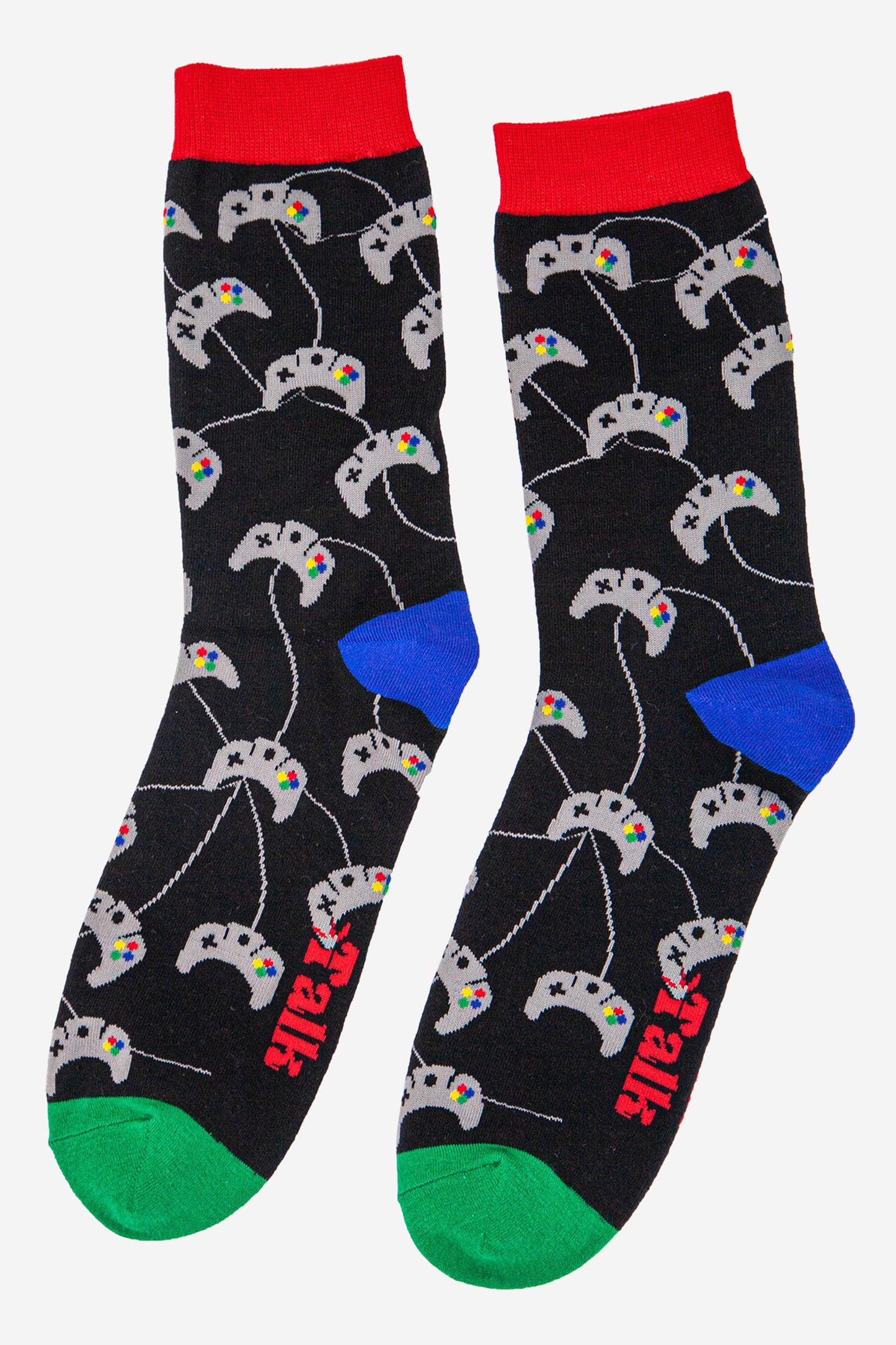 mens novelty socks featuring an all over pattern of grey game console controllers