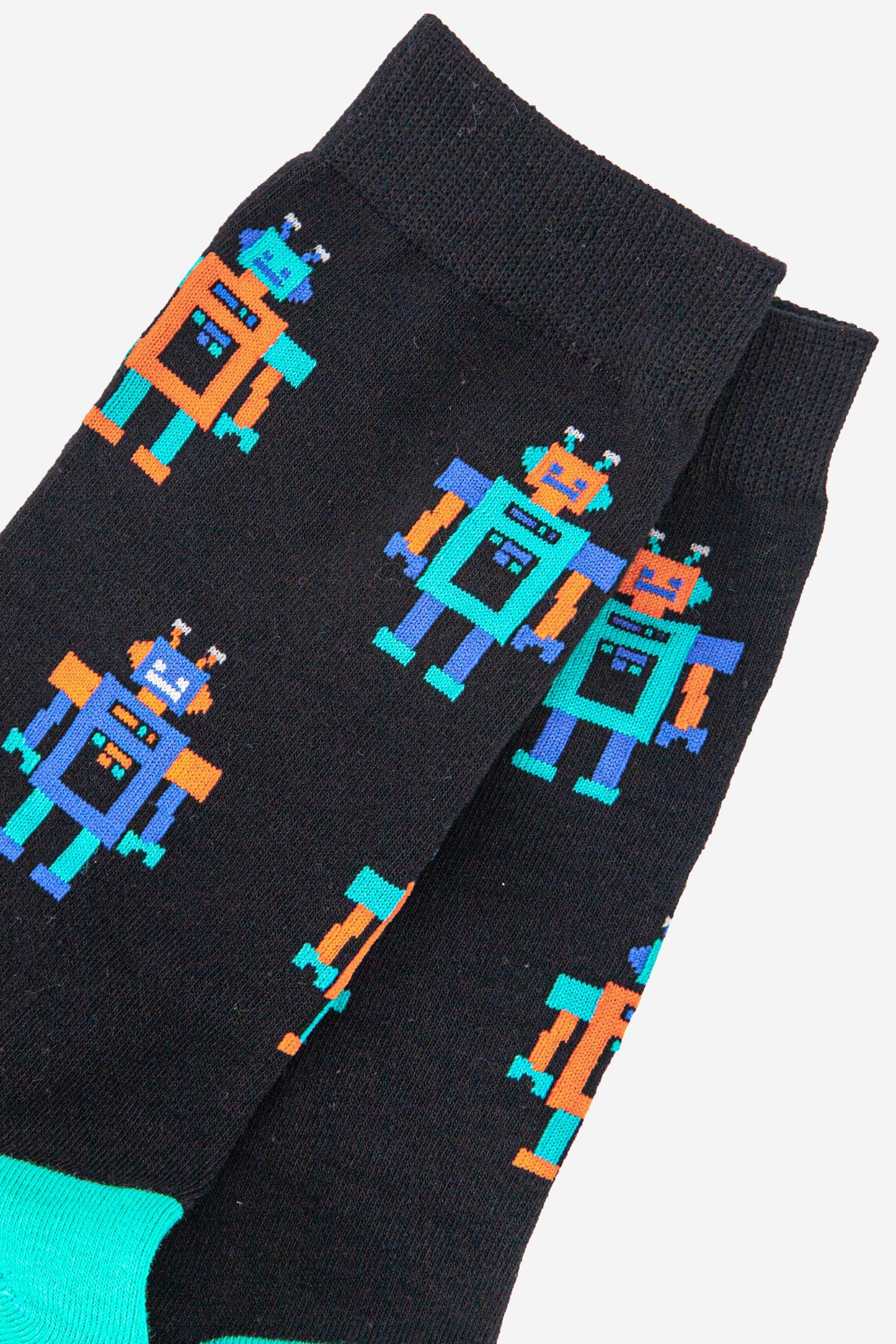 close up of the retro robot pattern on the ankle socks