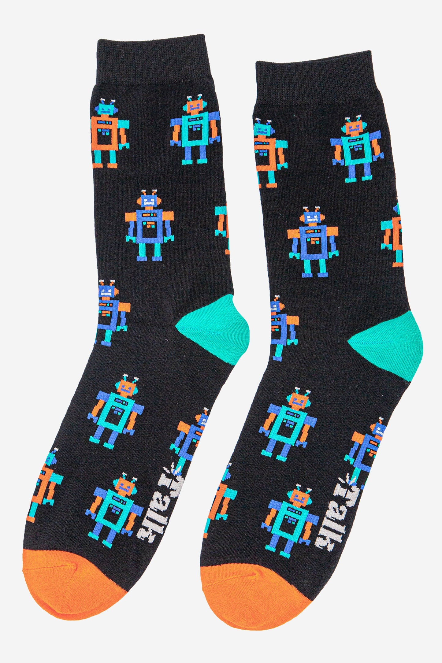 black vintage robot pattern novelty bamboo socks with an all over pattern of blue and orange cartoon robots