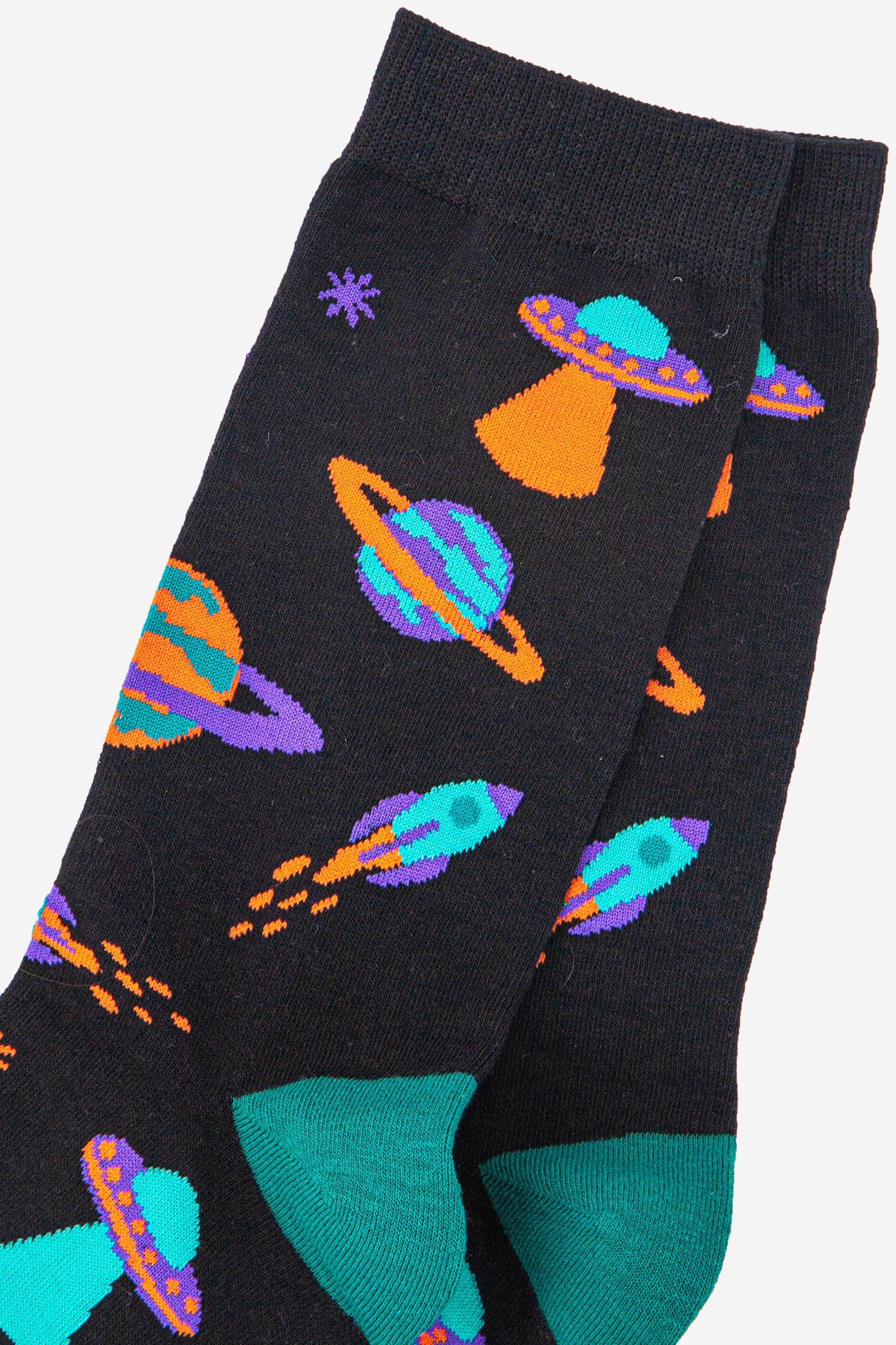 close up of the retro space design showing the rockets, spaceships and planets which are all in orange, blue and purple
