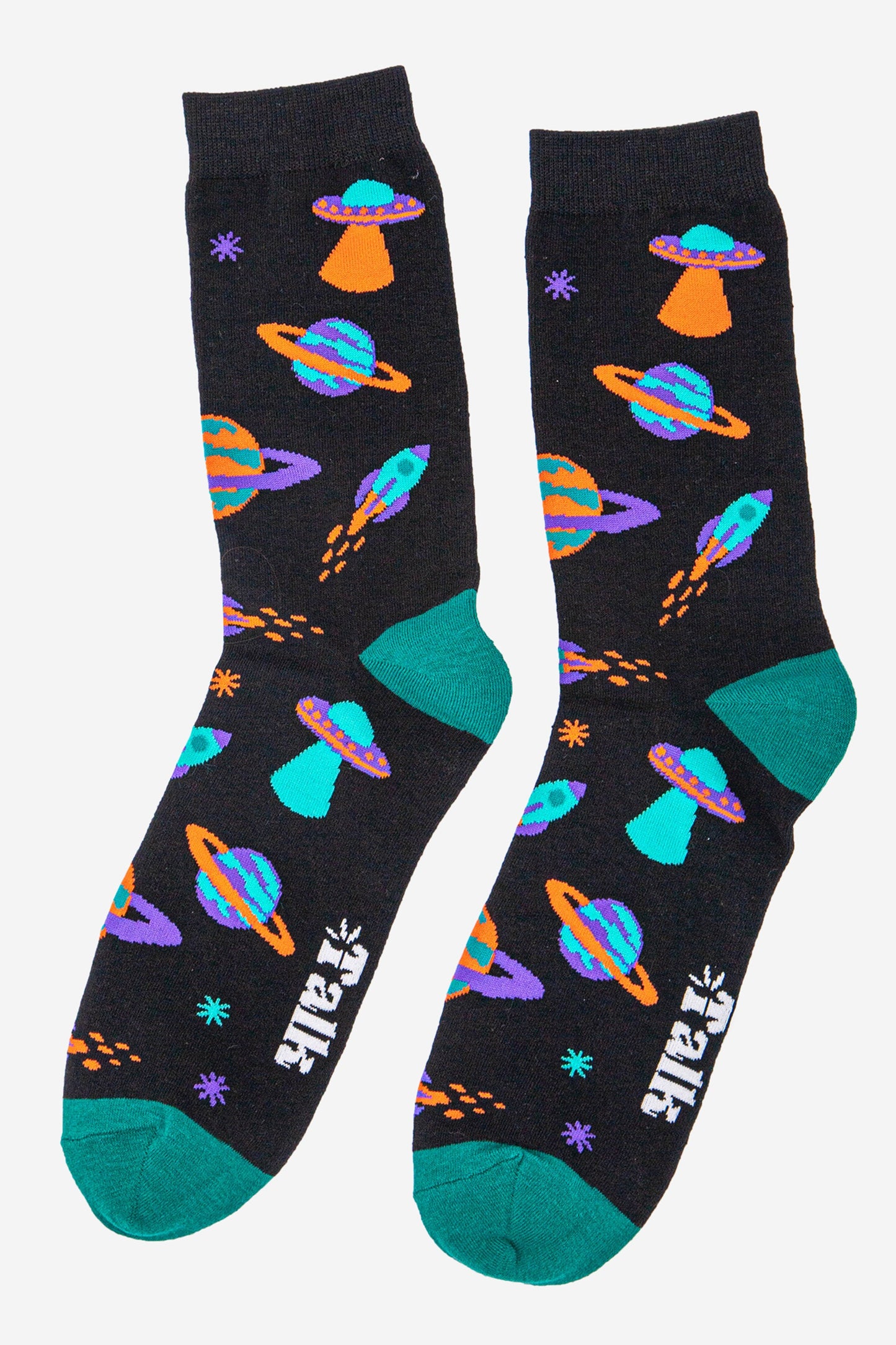 black novelty socks featuring a space themed pattern with planets, rockets and stars