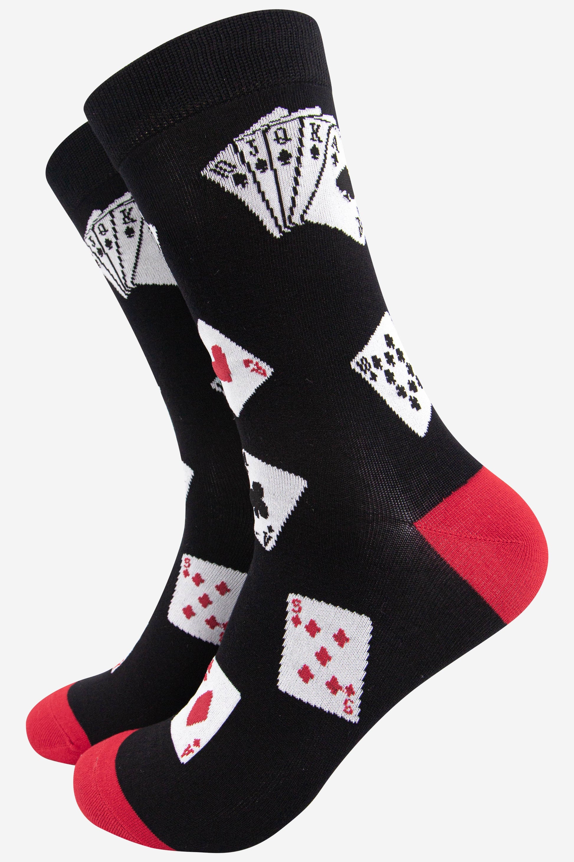 black and red dress socks with poker playing cards on them