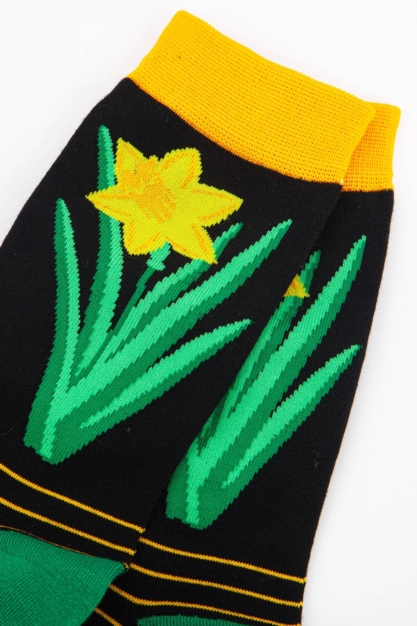 close up of the welsh daffodil flower on the ankle of the bamboo socks
