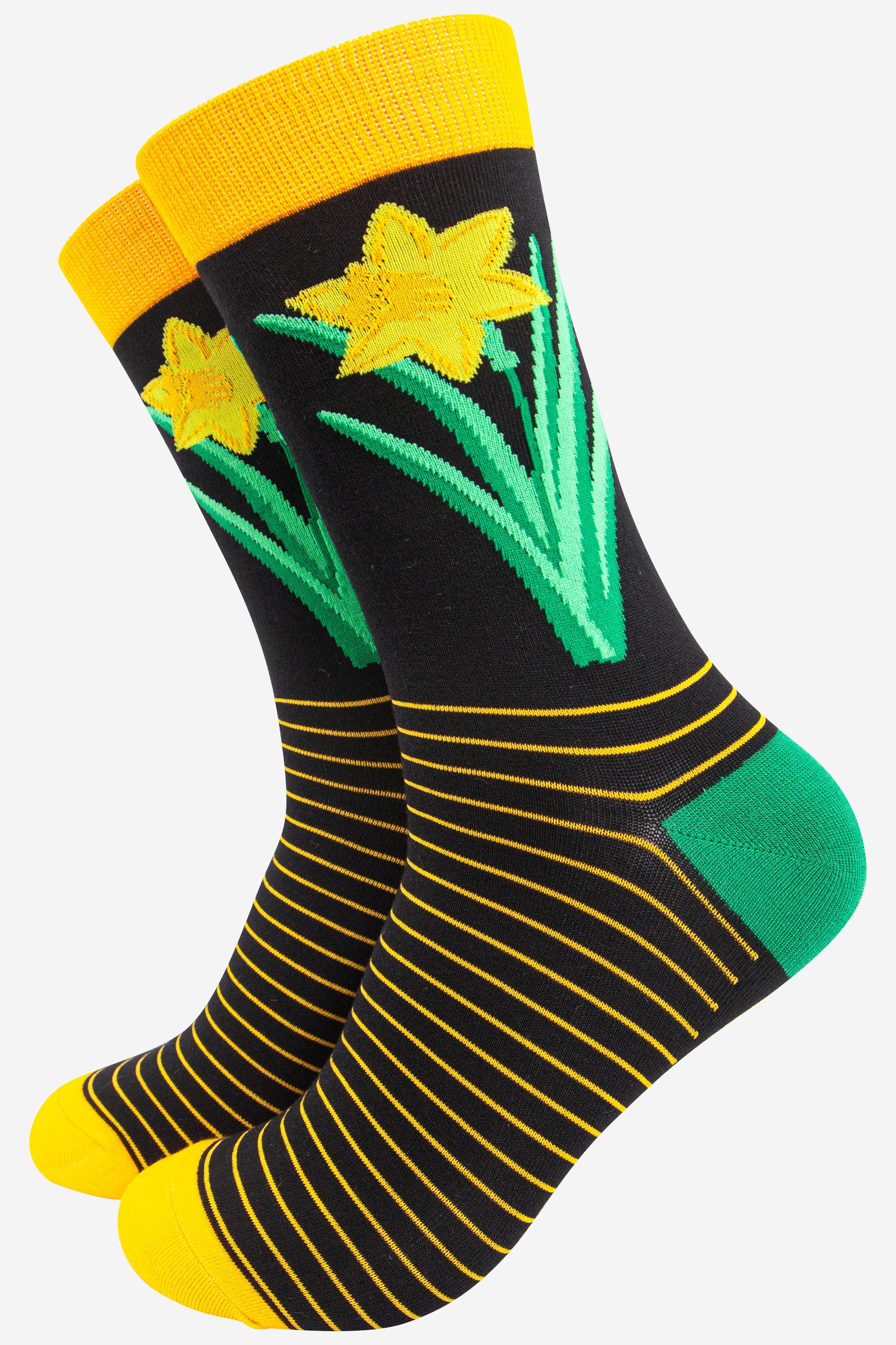 mens black and yellow striped bamboo socks with a large yellow daffodil motif