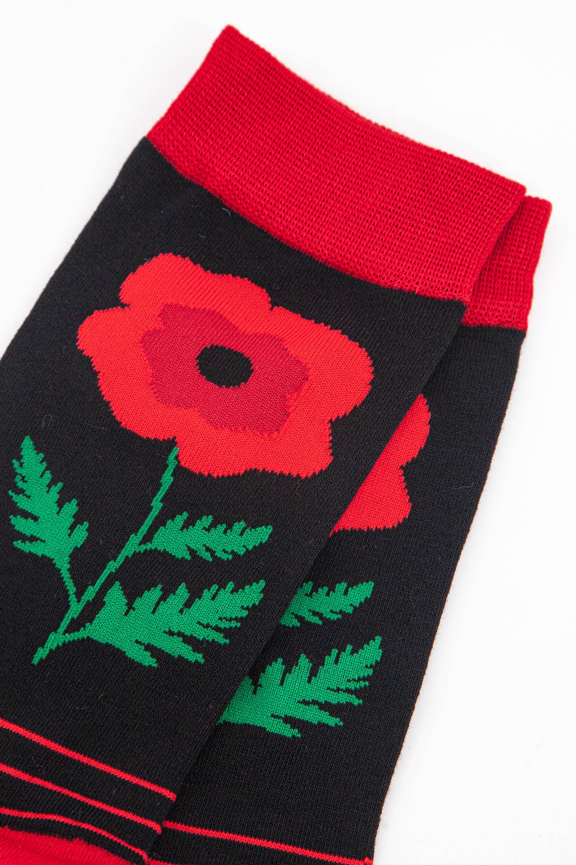 close up of the red poppy flower on the ankle of the socks