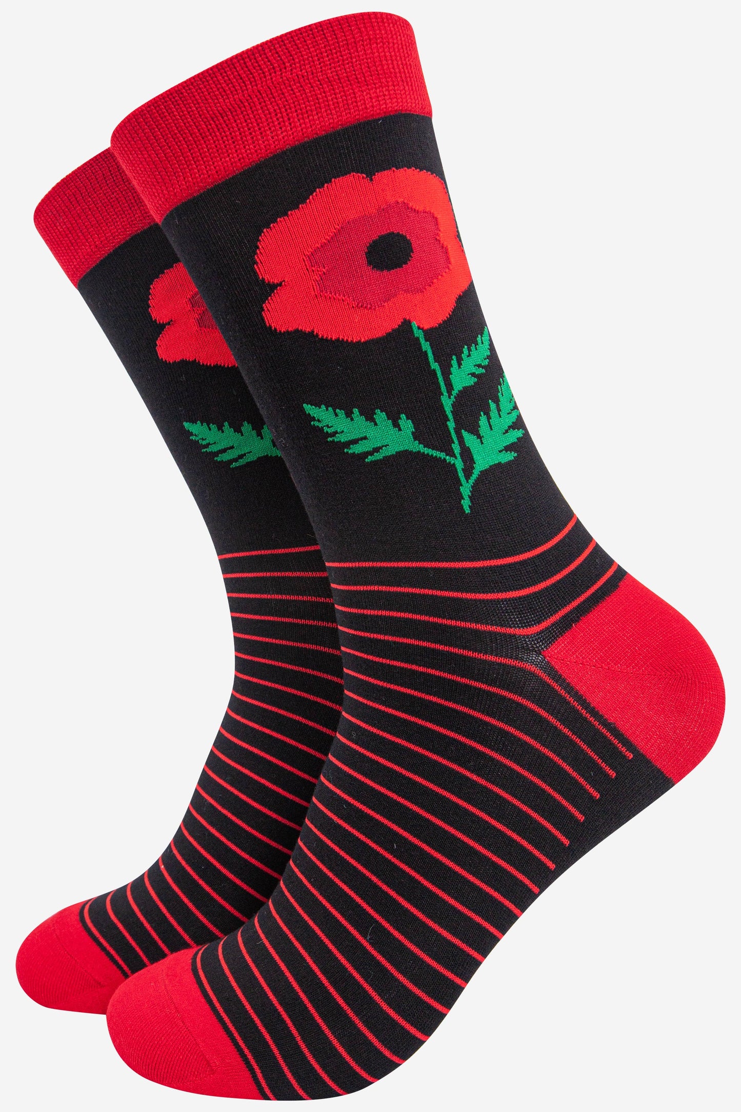 mens bamboo socks featuring a large red remembrance poppy flower and red stripes