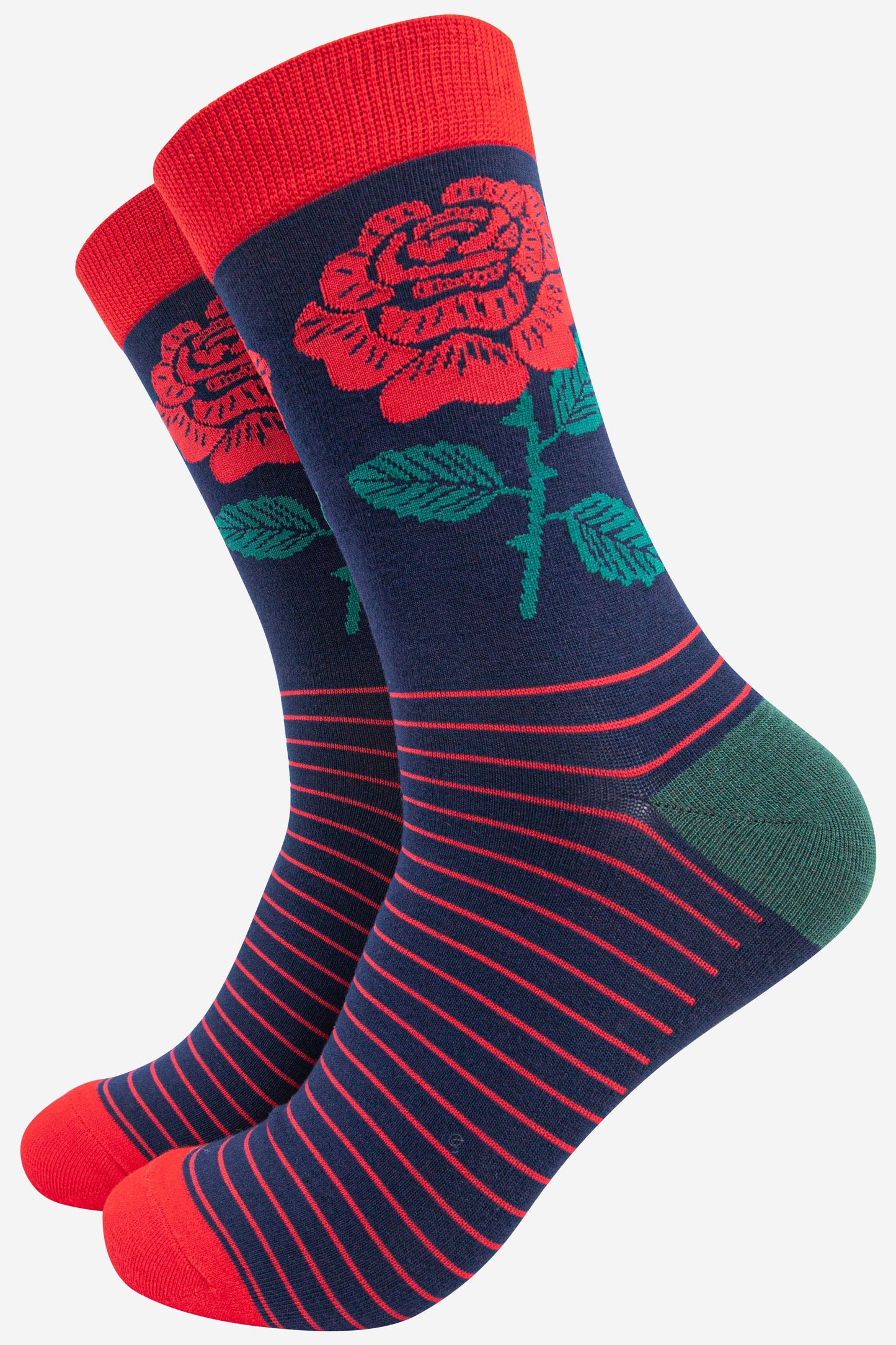 mens bamboo socks with a red english rose motif and striped pattern