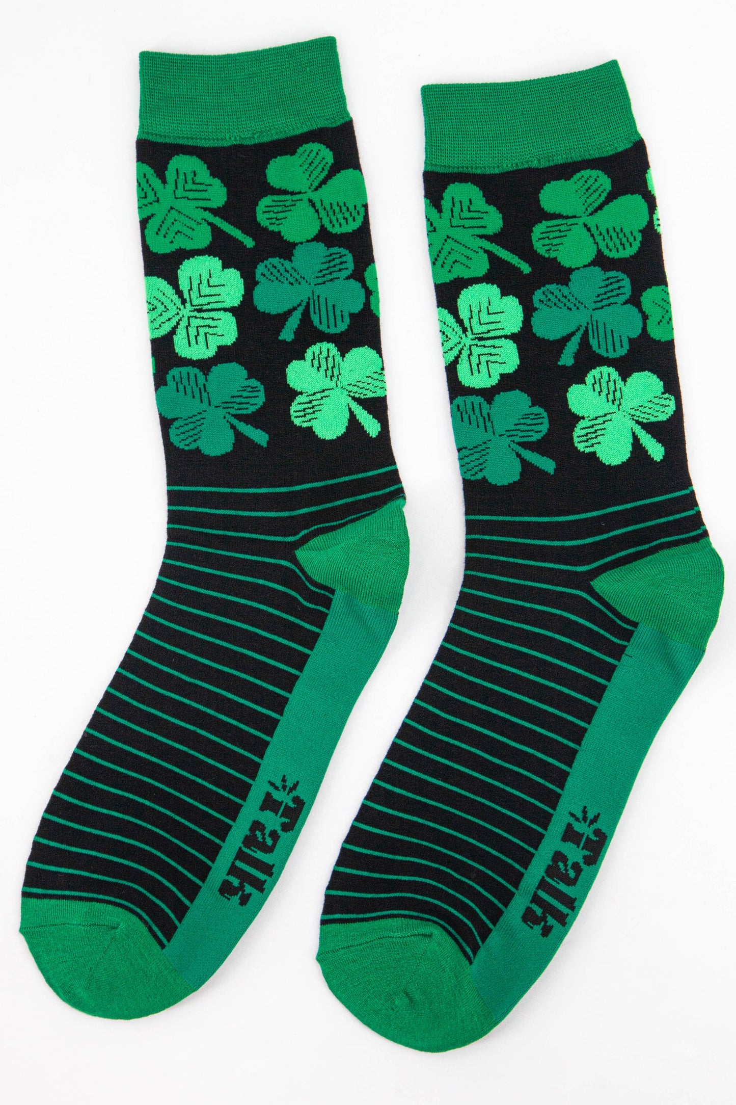 black and green mens bamboo socks with Irish shamrocks and green stripes