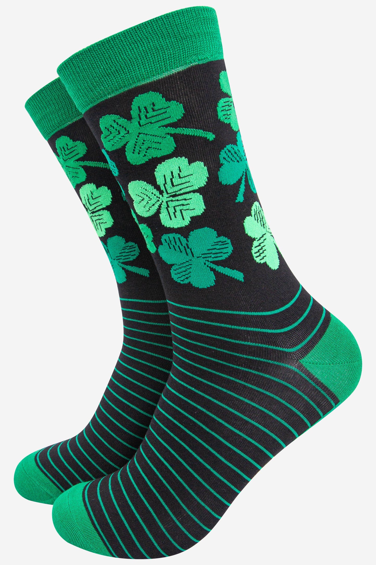 mens bamboo socks featuring an Irish Shamrock and four leaf clover in green