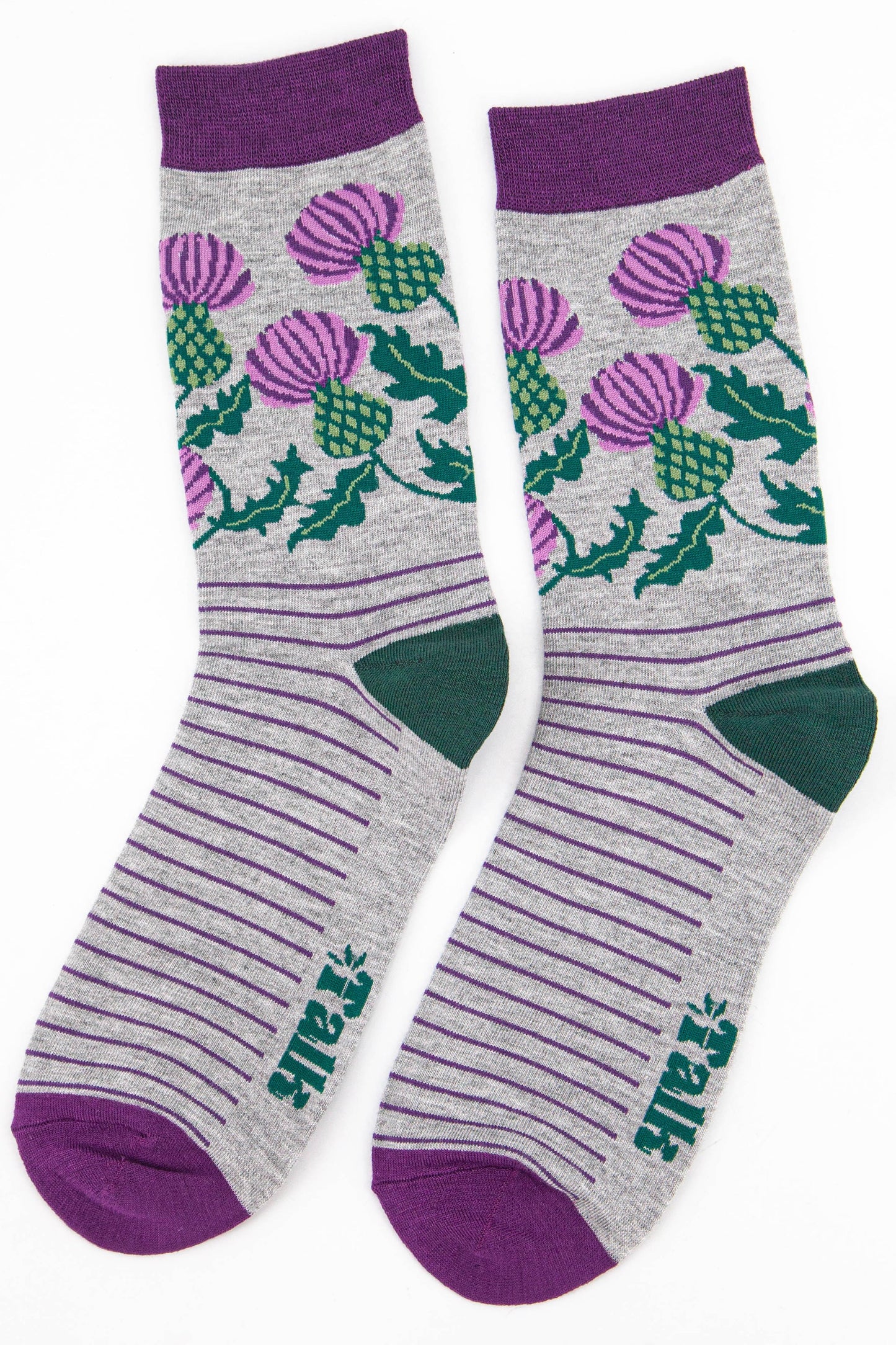 mens grey bamboo socks featuring a Scottish thistle design and purple stripes