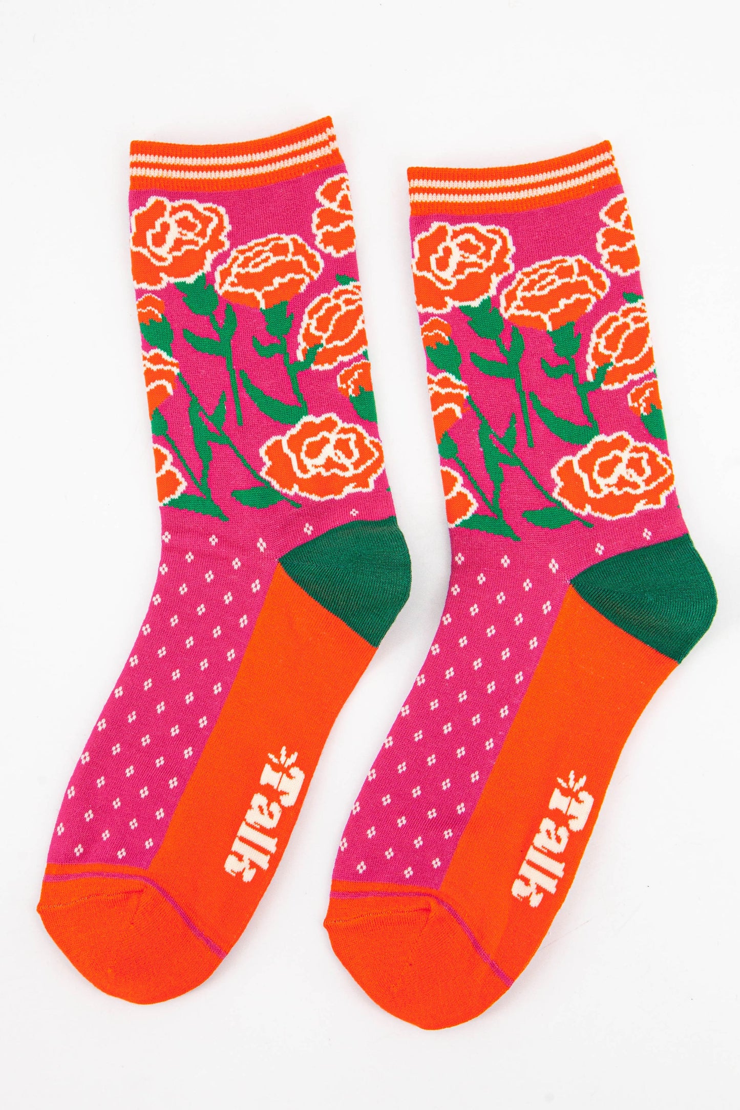 pink and orange floral bamboo socks featuring carnations