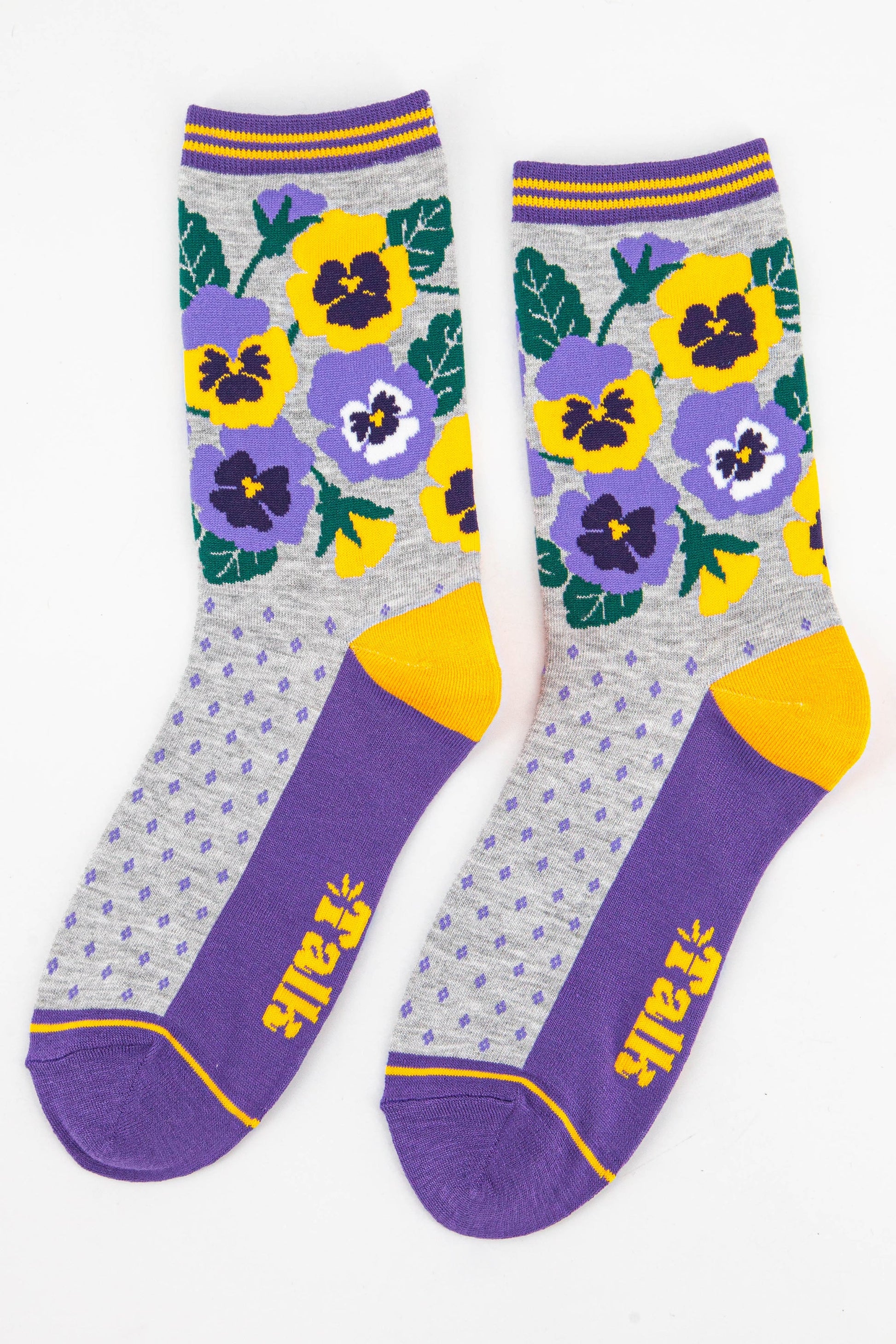 womens pansy floral bamboo socks in purple and yellow 