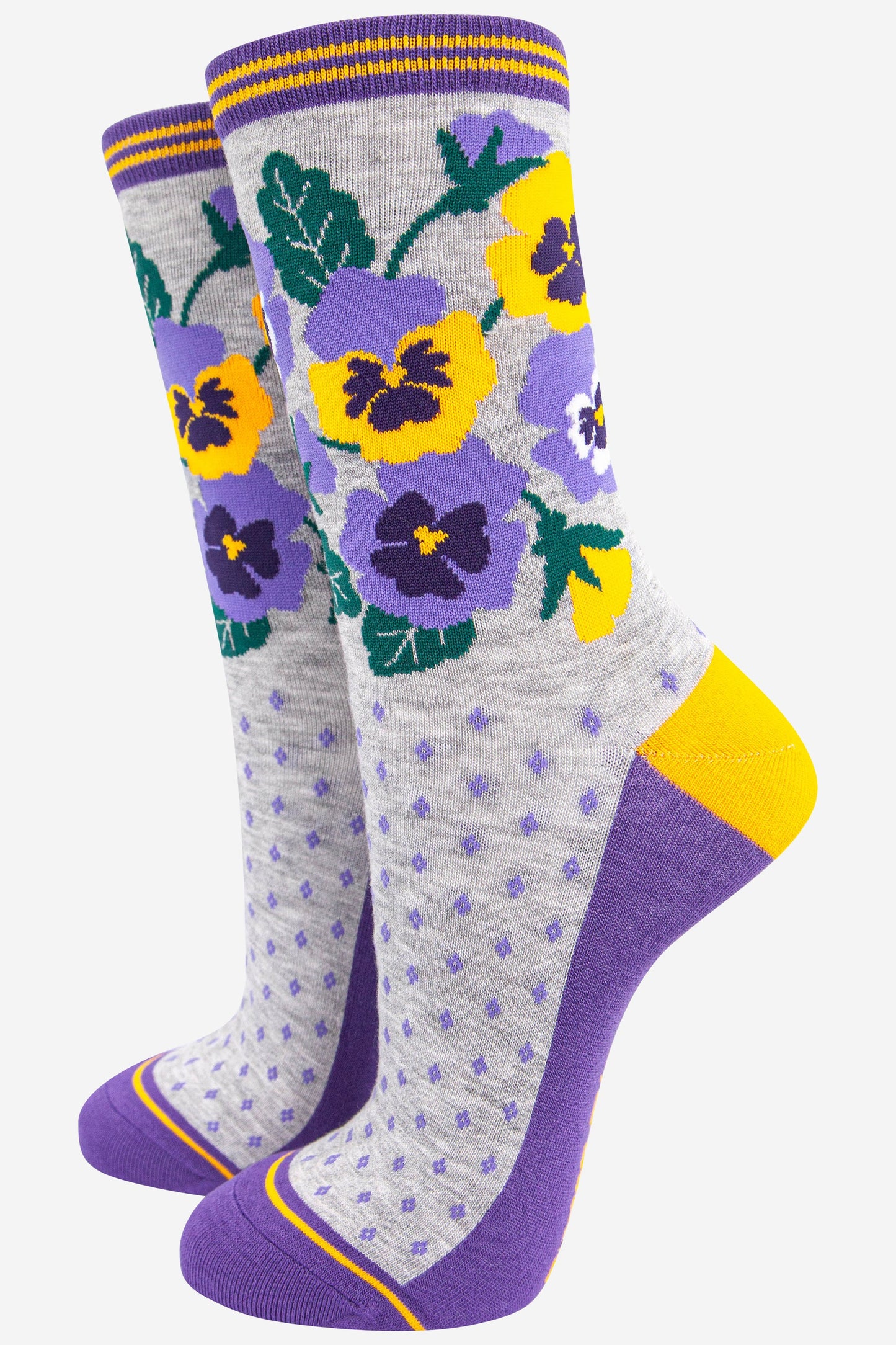 grey purple and yellow pansy floral print bamboo socks 