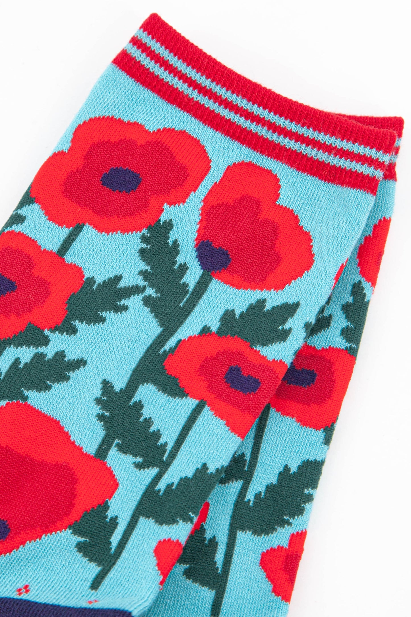 close up of the red poppies on the bamboo ankle socks