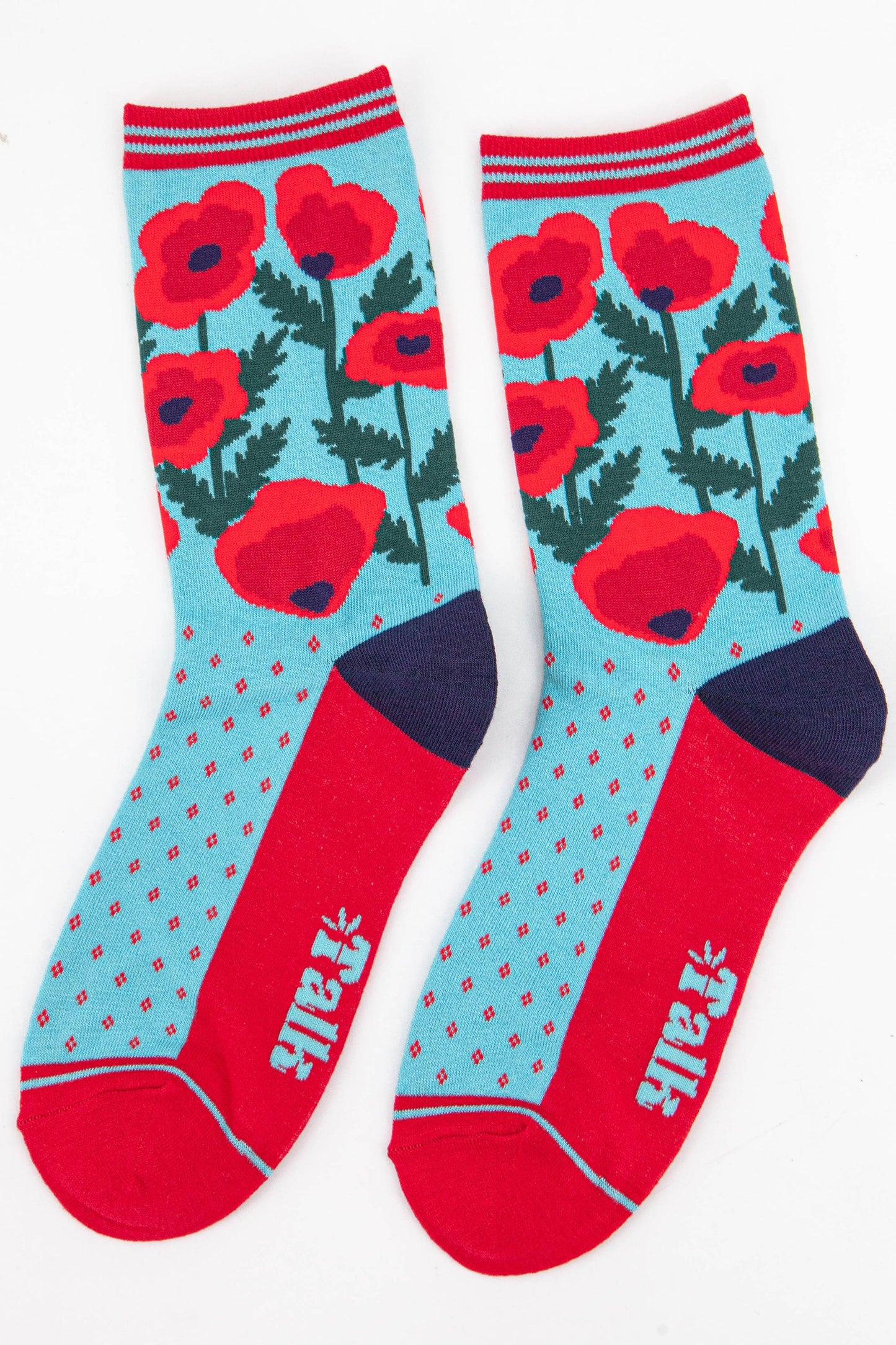 red and blue ankle socks with poppy flowers and a striped cuff