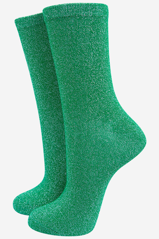 green ankle socks with an all over silver glitter sparkle