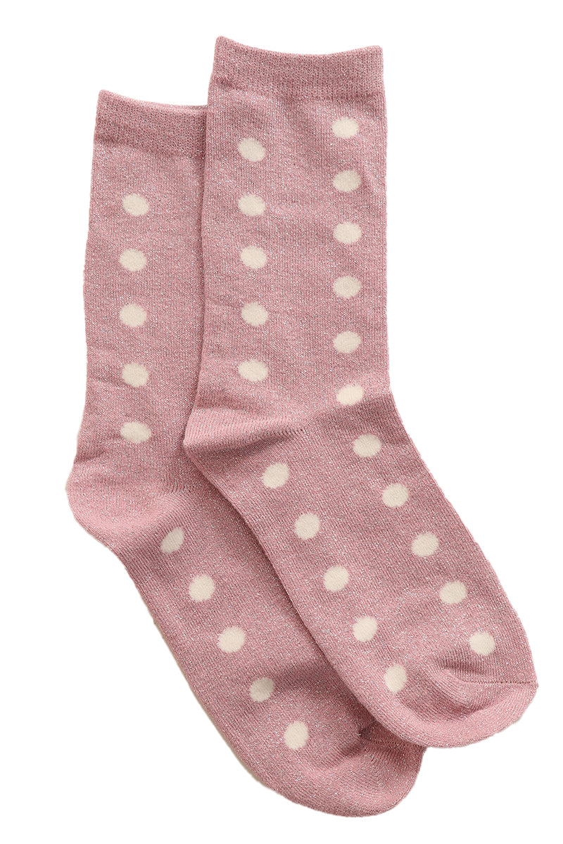 pink and white polka dot ankle socks with an all over silver glitter effect