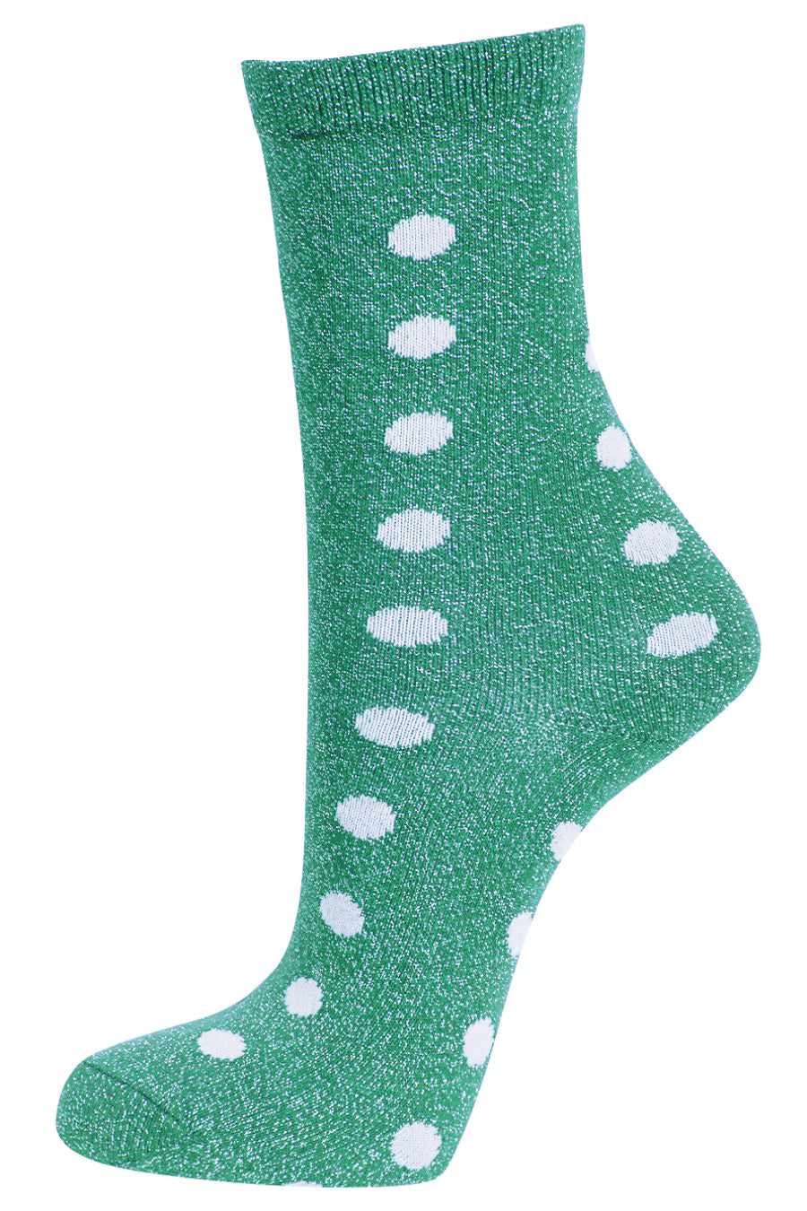 green and white polka dot ankle socks with an all over silver glitter effect