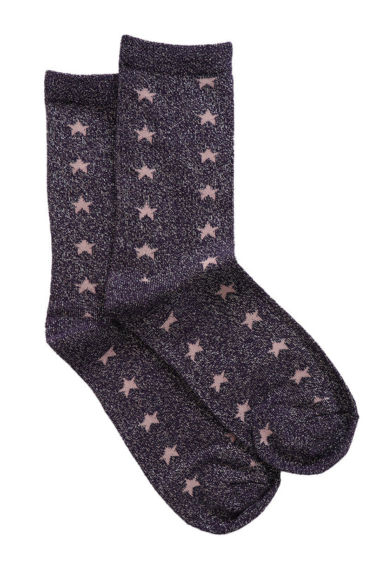 navy blue ankle socks with a pink all over star print and silver glitter shimmer
