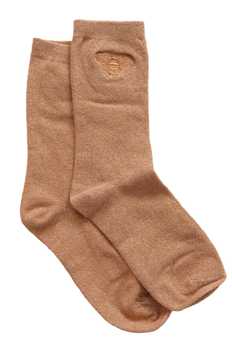 gold glitter ankle socks with a gold embroidred bee on the ankle