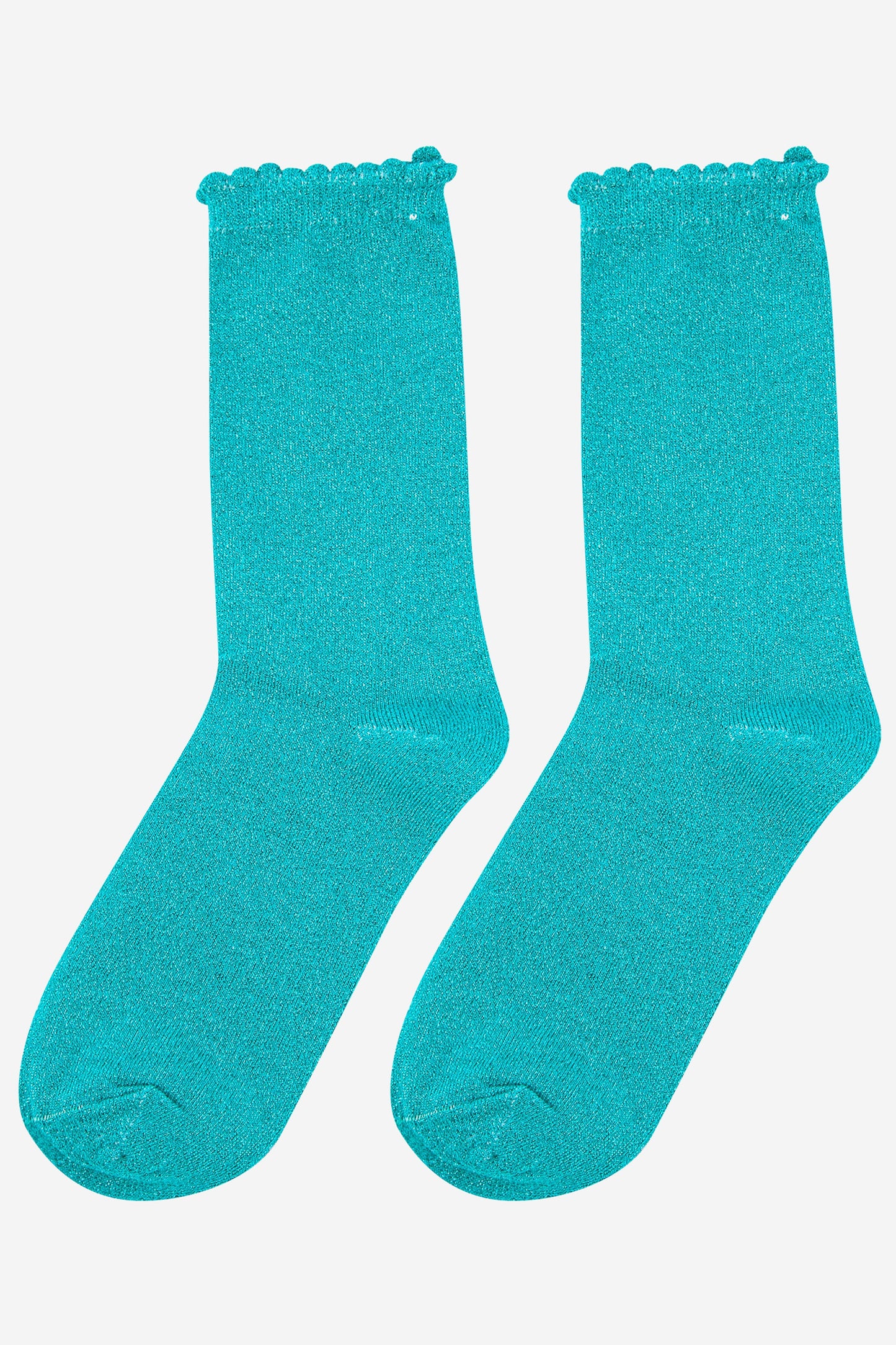 aqua blue sparkly glitter socks with scalloped cuffs and an all over shimmer