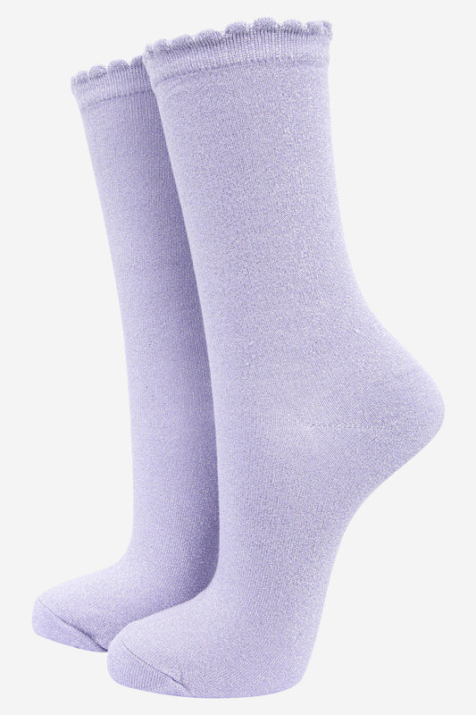 lilac ankle socks with an all over glitter sparkle and scalloped cuffs