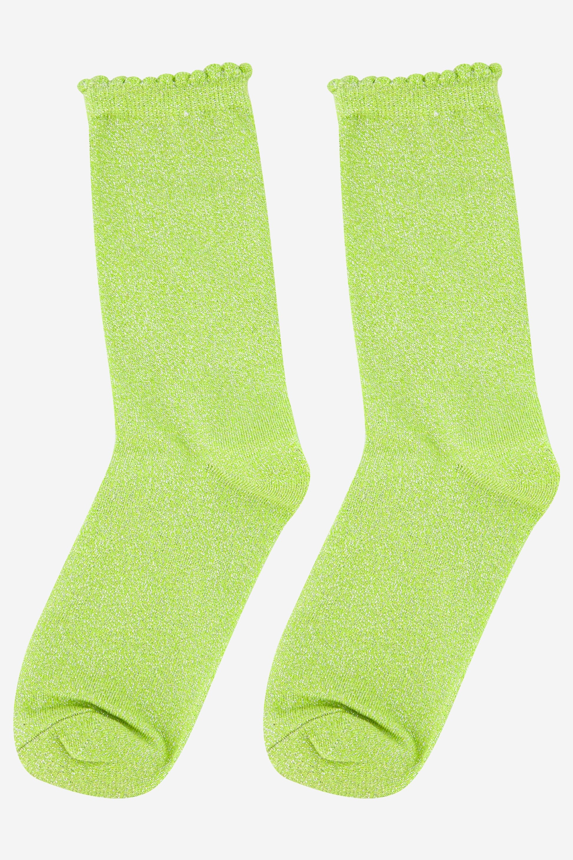 lime green sparkly glitter socks with scalloped cuffs and an all over shimmer