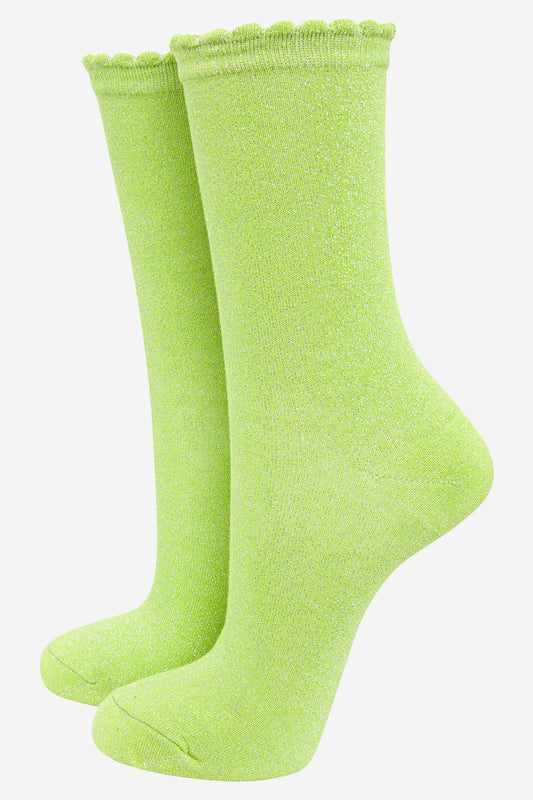 lime green ankle socks with an all over glitter sparkle and scalloped cuffs
