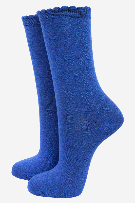 blue ankle socks with an all over glitter sparkle and scalloped cuffs