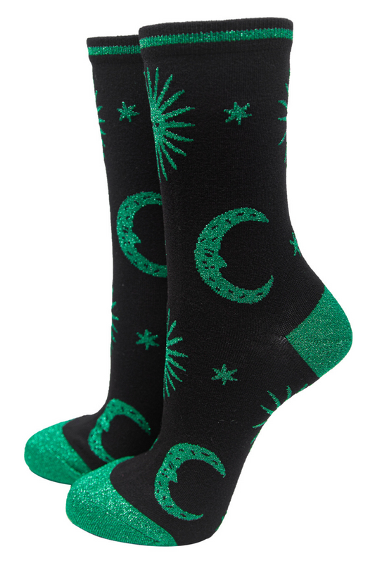 black and green bamboo socks with stars and moon with glitter toe, heel and trim