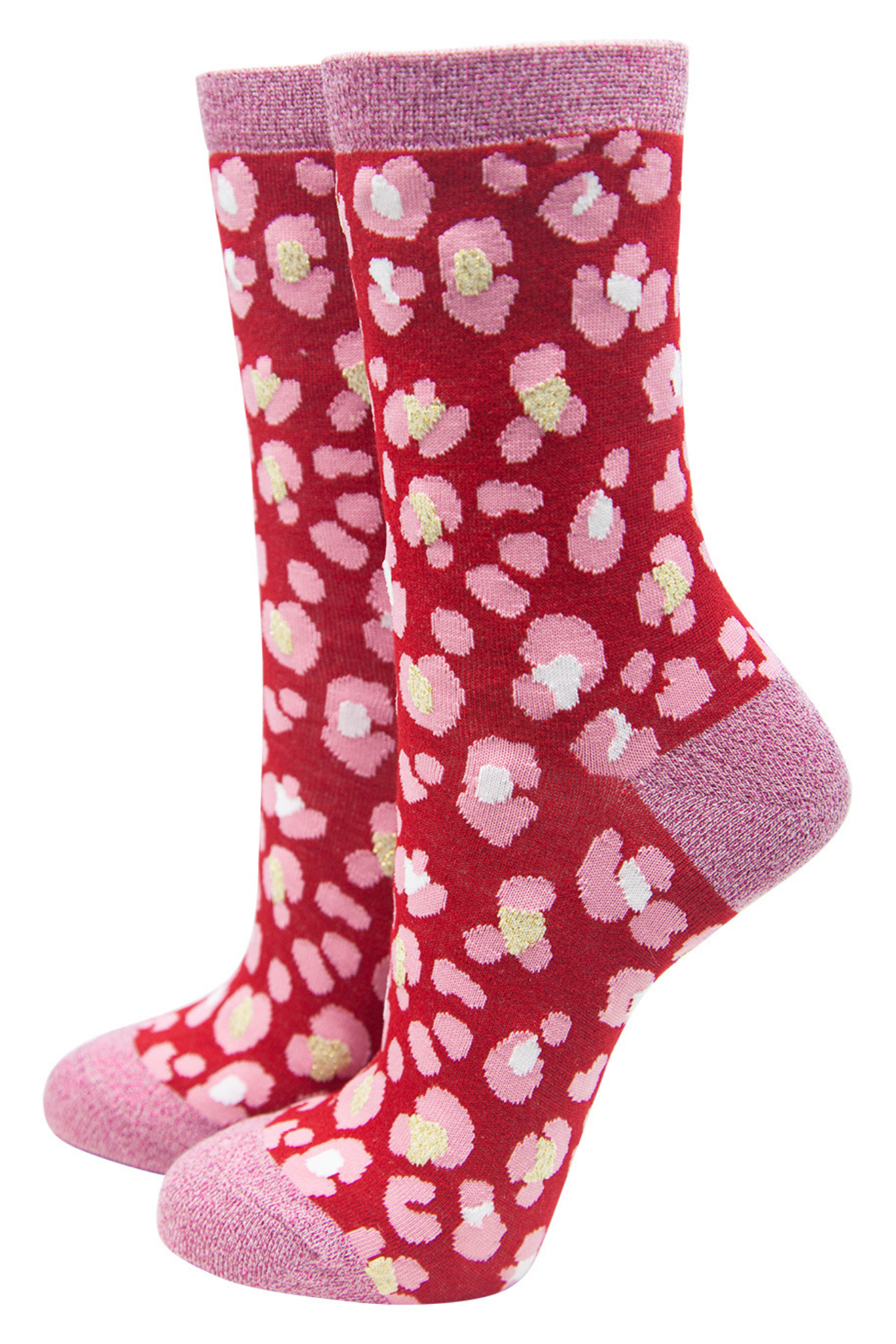 red and pin animal print ankle socks with pink glitter heel, toe and tirm