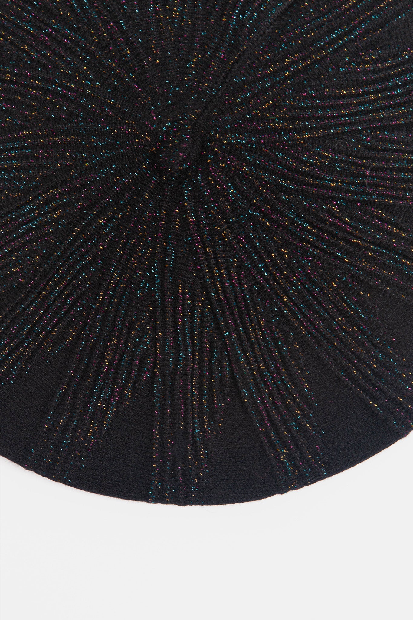 close up of the mutlicoloured rainbow glitter effect on the black beret