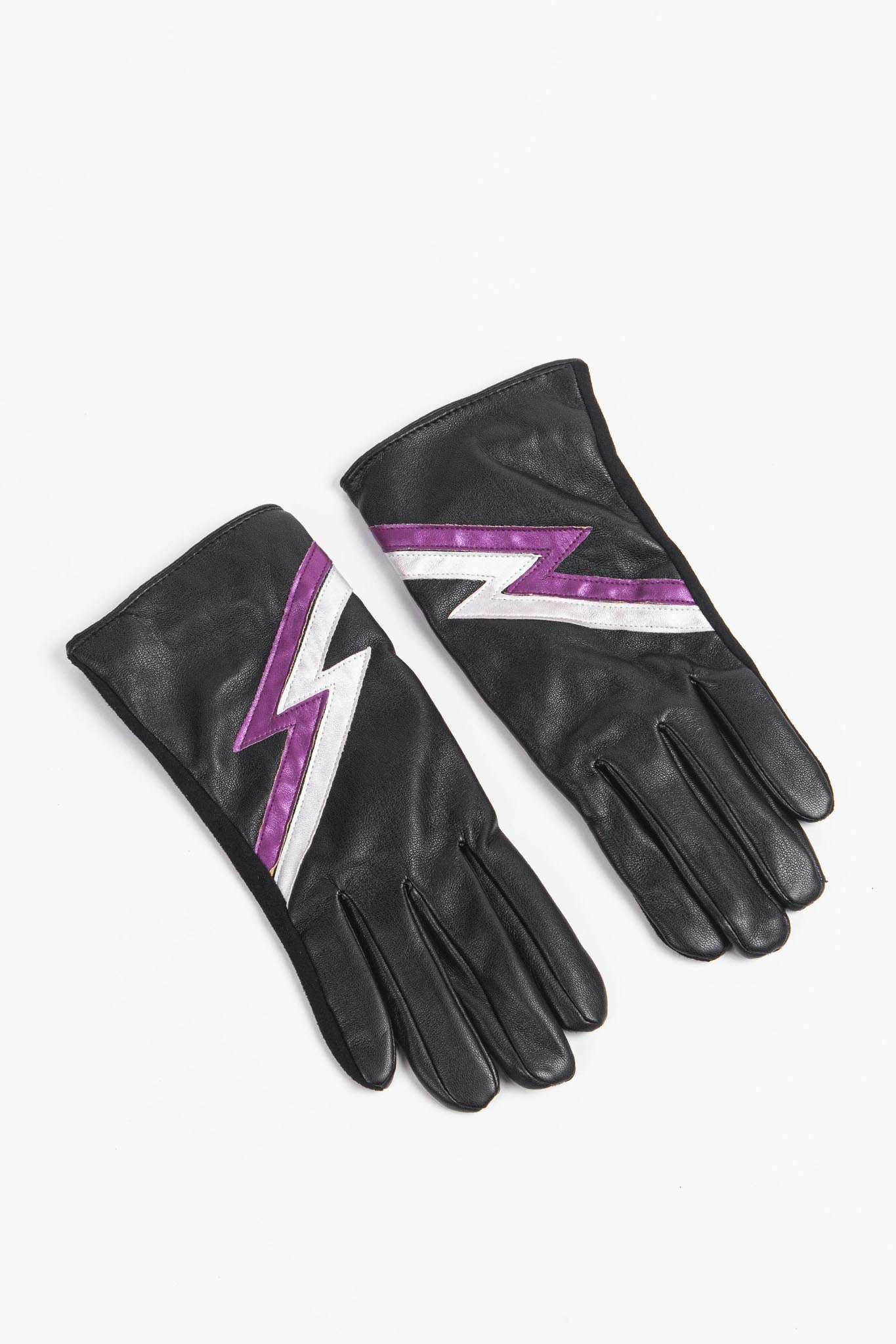 vegan leather gloves with a lighting bolt pattern on the back 