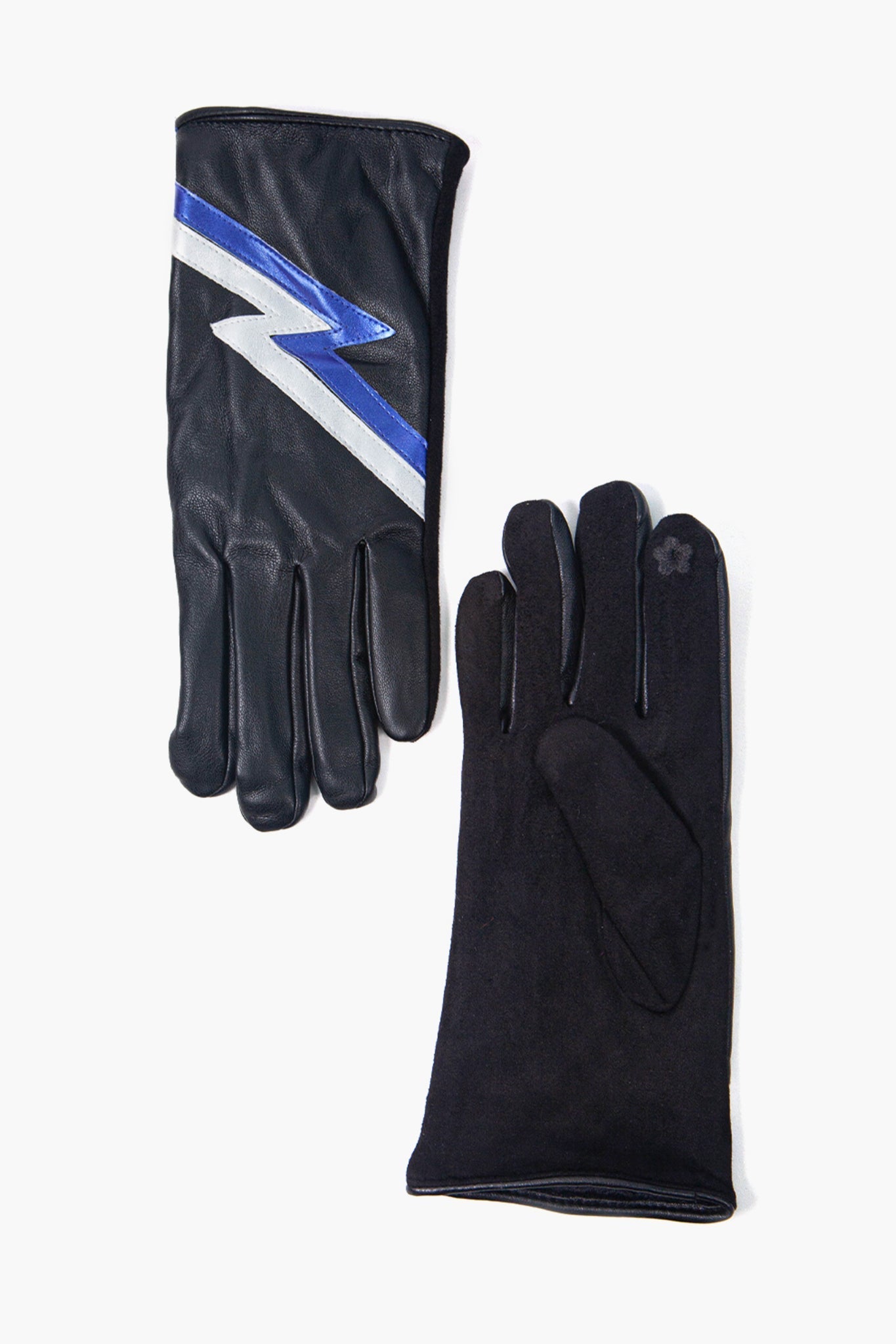 showing the plain palm and the metallic lightning bolt design on the back of the gloves