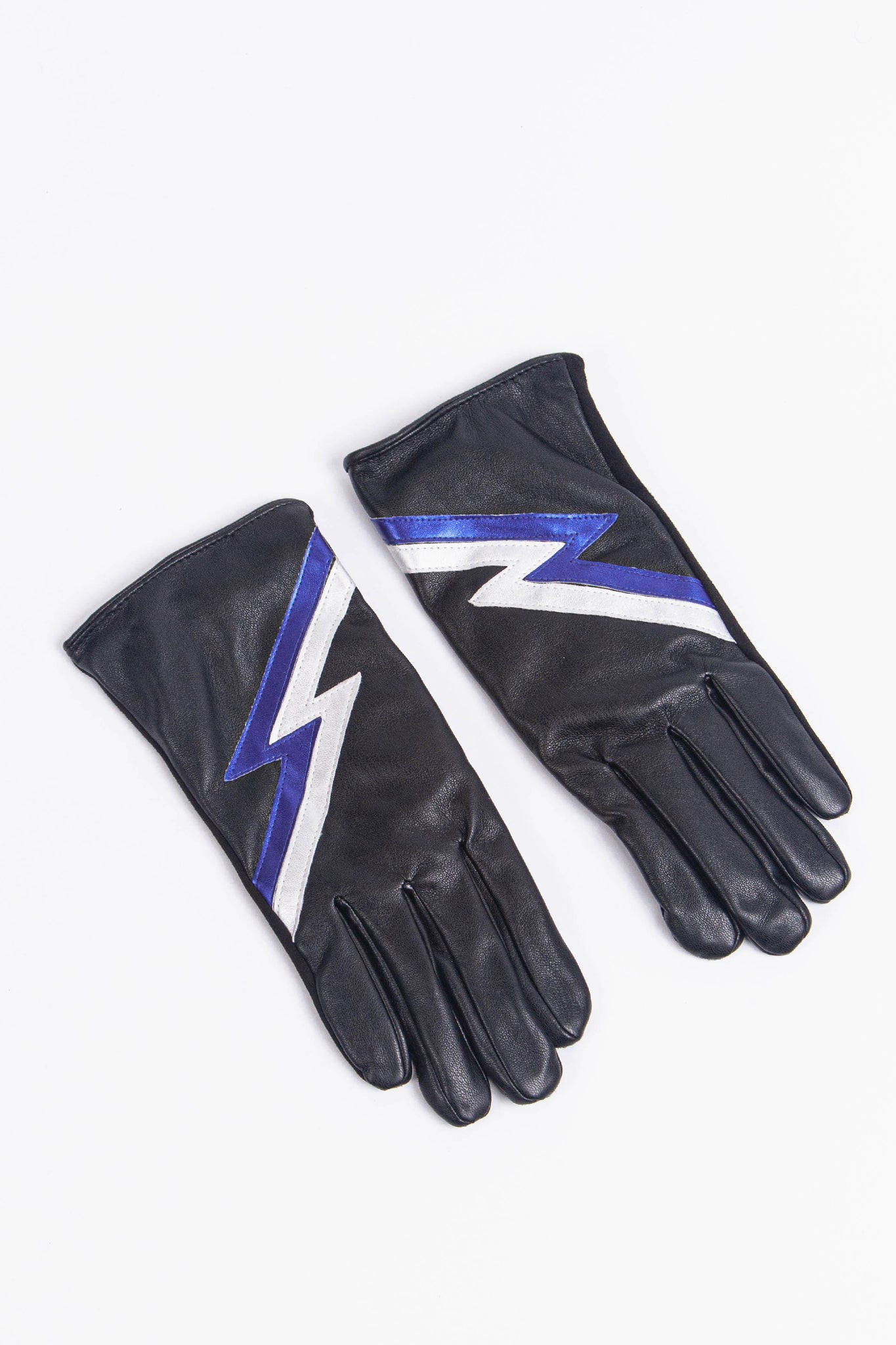 black vegan leather gloves with a metallic sheen and a blue and white lighting bolt pattern